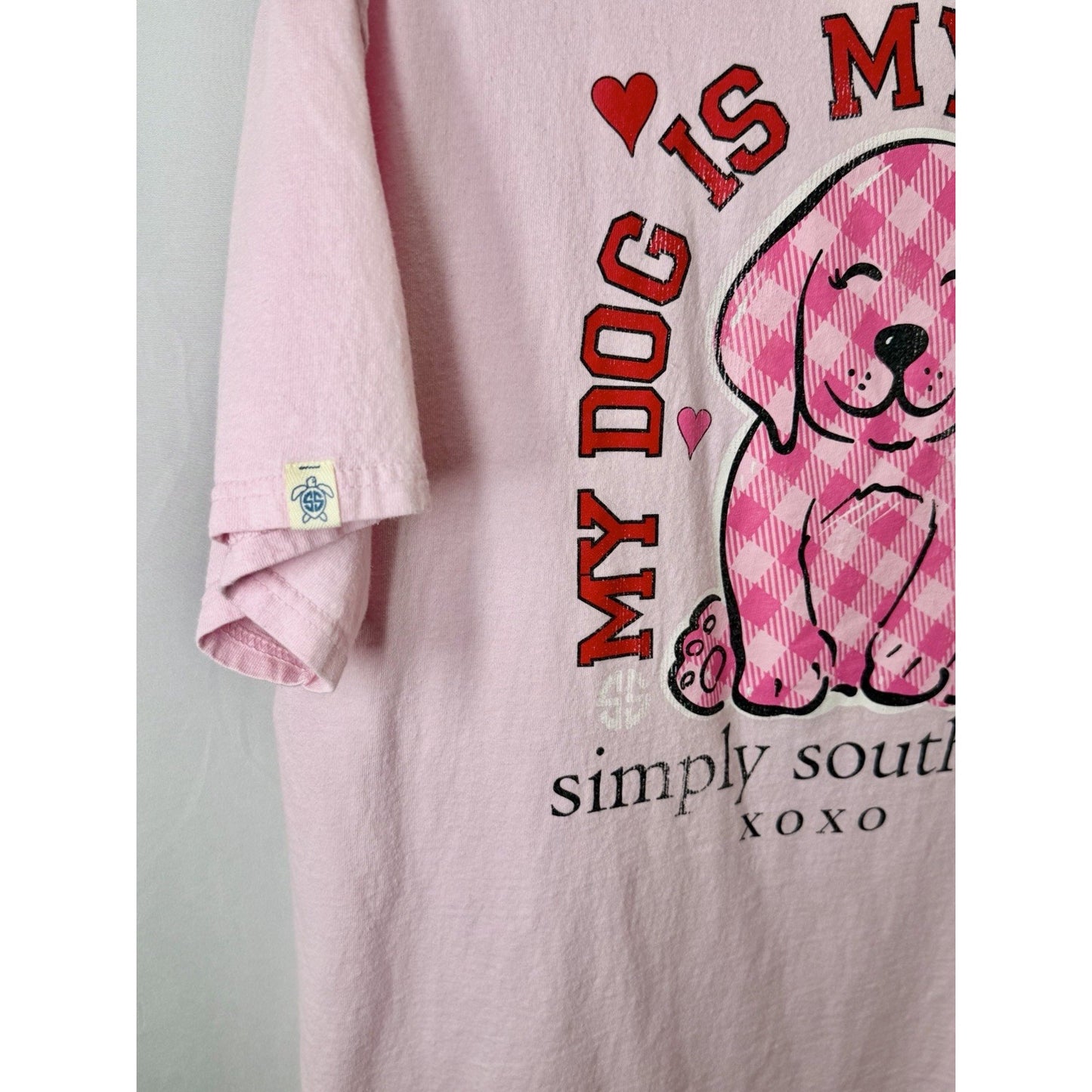 Simply Southern Womens Large L Pink My Dog Is My Valentine Shirt Plaid Puppy EUC