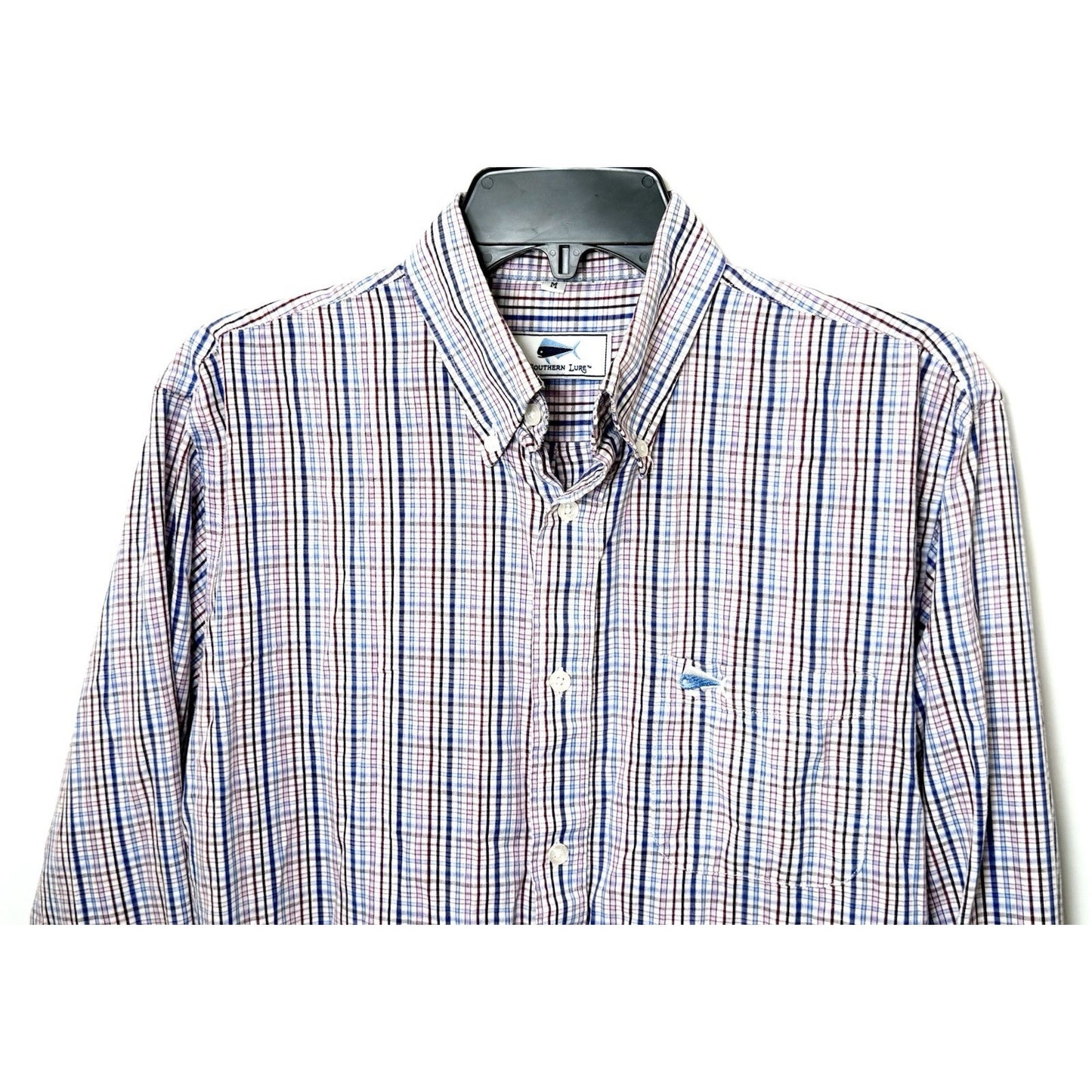 Southern Lure Shirt Men Large Long Sleeve Button Up Red White Blue Check w Logo
