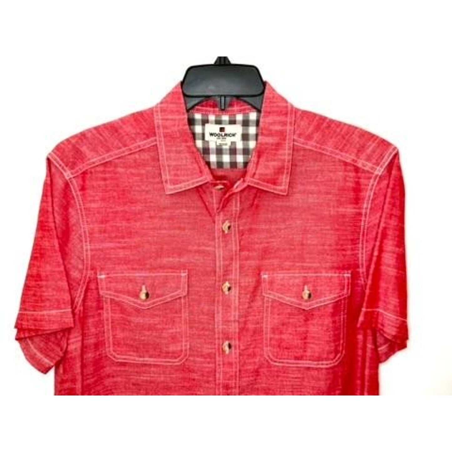 Woolrich Mens Medium Red Cotton Chambray Short Sleeve Button Up Work Shirt