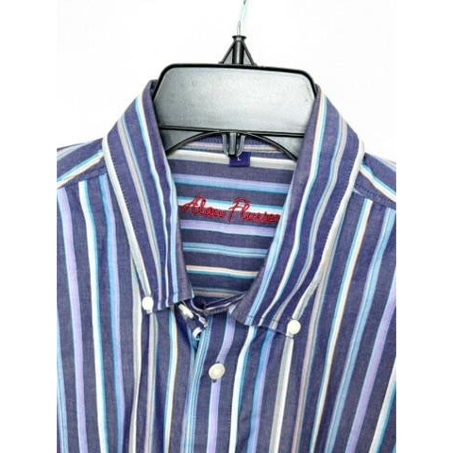 Alan Flusser Mens Large Blue Purple Striped Cotton Button Down Long Sleeve Shirt