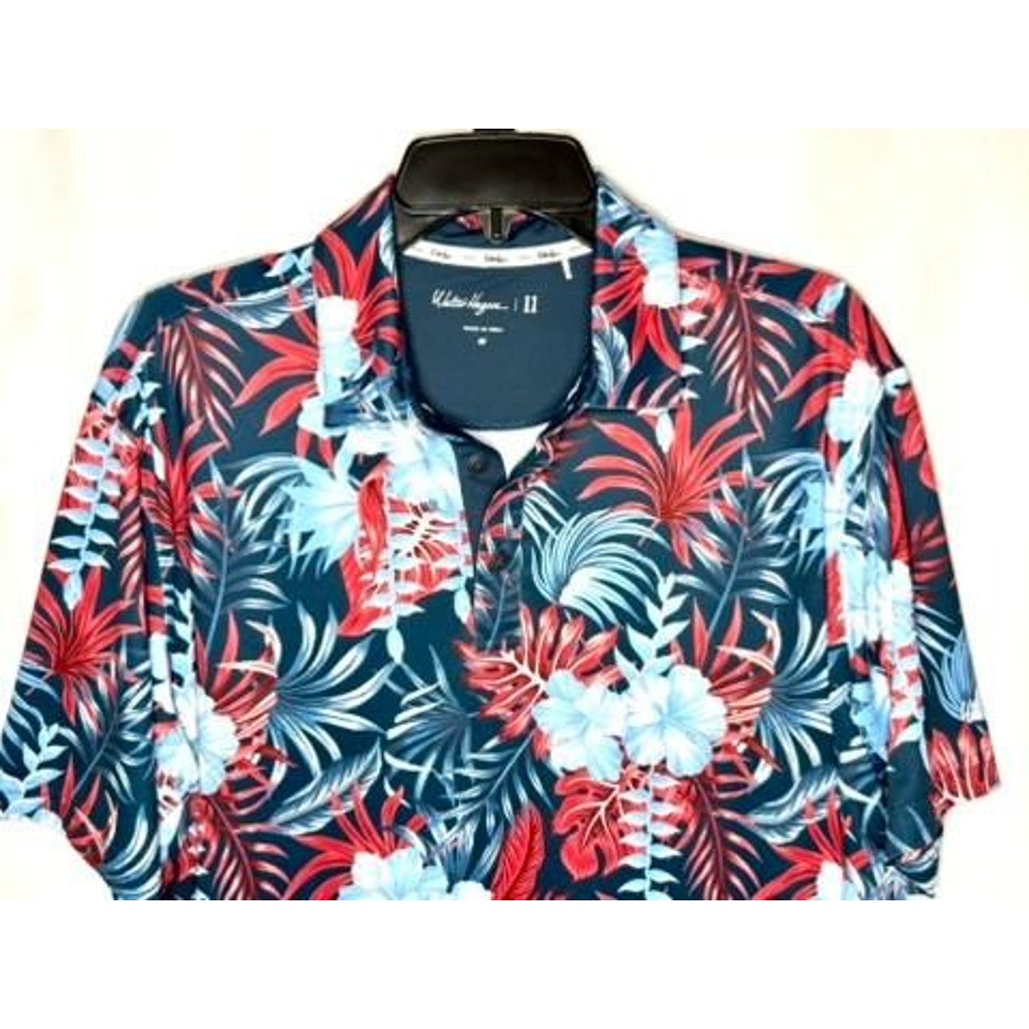 Walter Hagen 11 Golf Polo Shirt Mens Medium Blue Red Floral Tropical Hibiscus