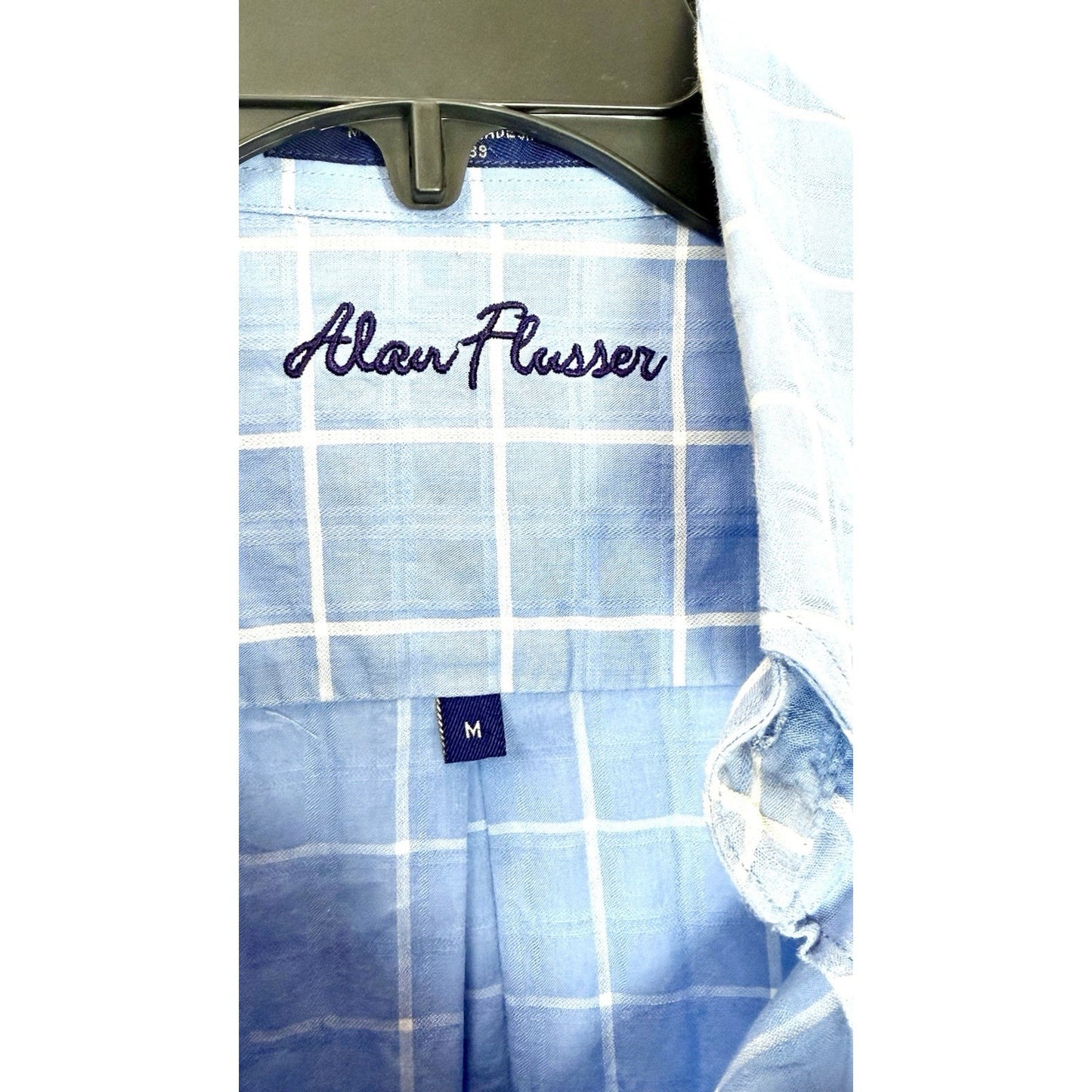 Alan Flusser Men’s Medium Blue Checkered Button Up Mens Shirt Plaid L/S Cotton