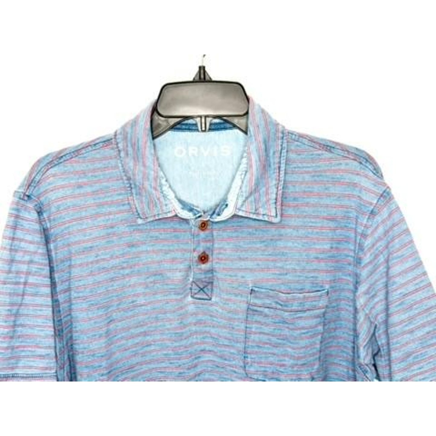 Orvis Shirt Mens Large Blue Red Striped Short Sleeve Cotton Polo Henley Pocket