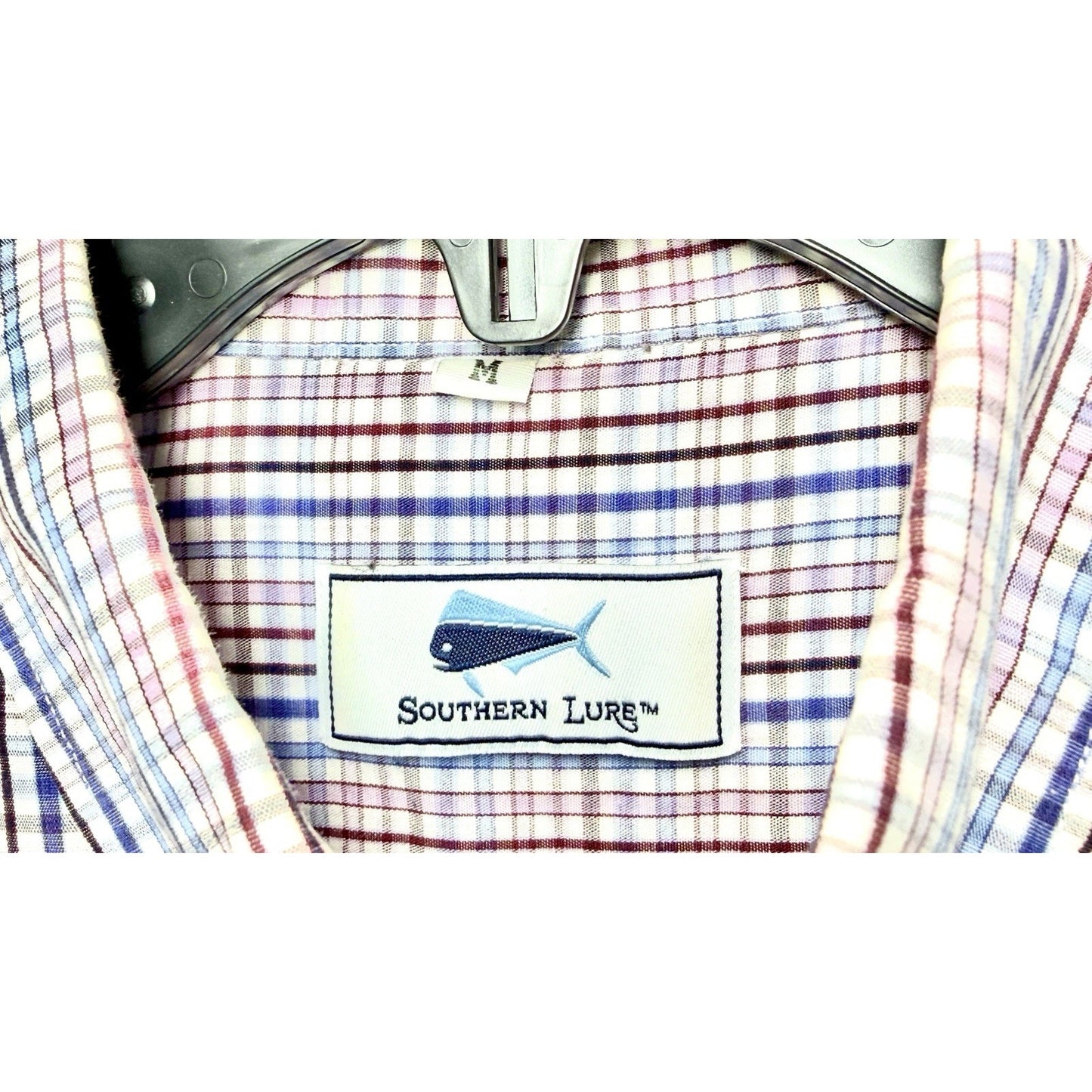 Southern Lure Shirt Men Large Long Sleeve Button Up Red White Blue Check w Logo