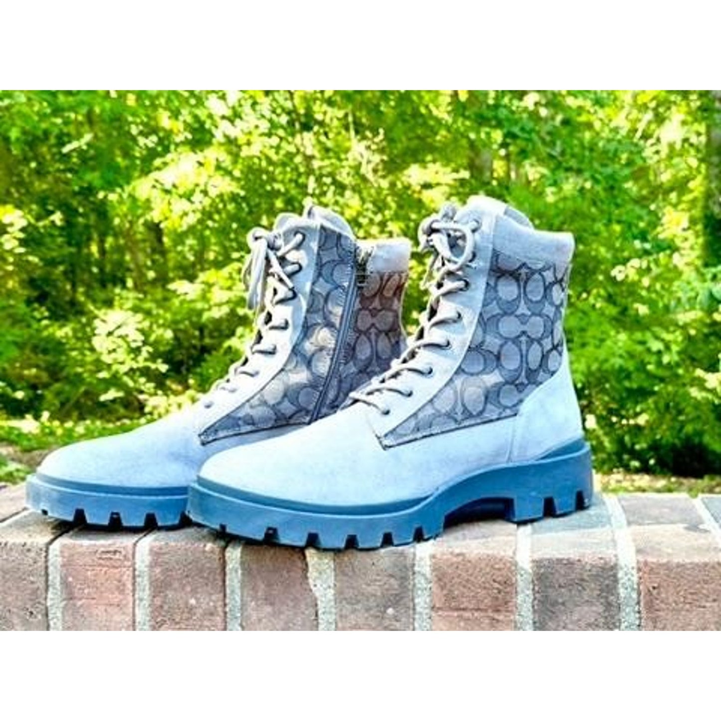 Coach Women Blue Suede Signature Canvas Combat Boots Lace Up Side Zip Lug Sole
