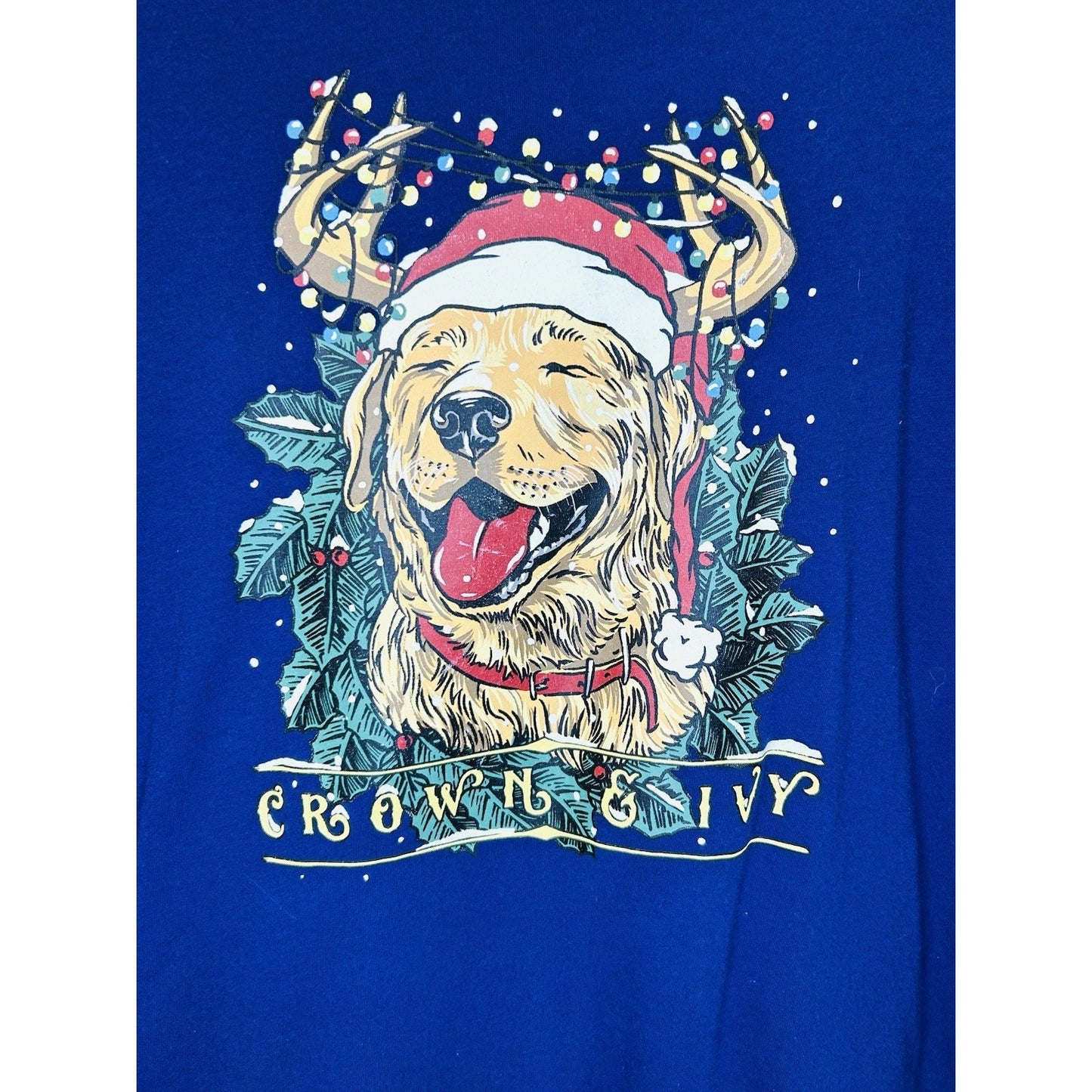 Crown & Ivy Men’s Large Blue Long Sleeve Golden Retriever Christmas Graphic Tee