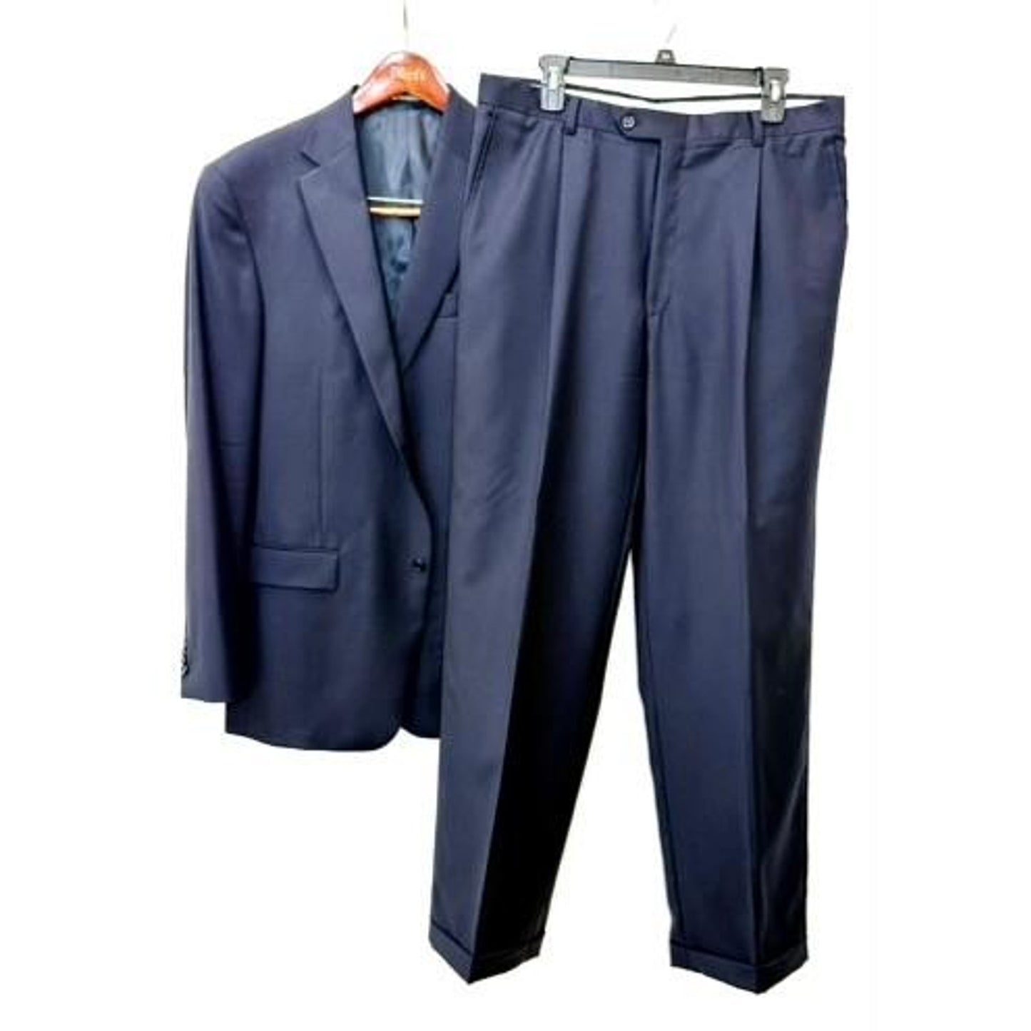 Hart Schaffner Marx Mens 2 Piece Suit 41L Navy Blue Wool Blend Pleated Pants USA