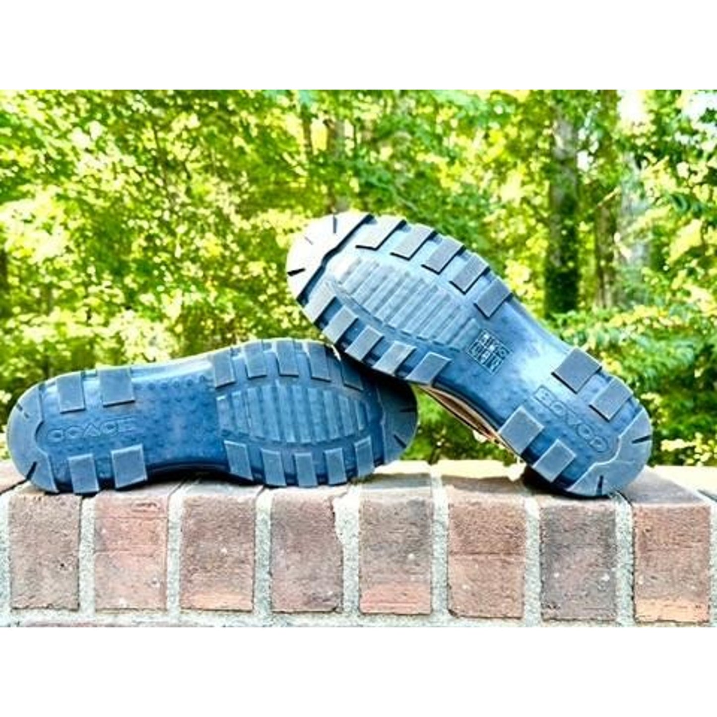 Coach Women Blue Suede Signature Canvas Combat Boots Lace Up Side Zip Lug Sole