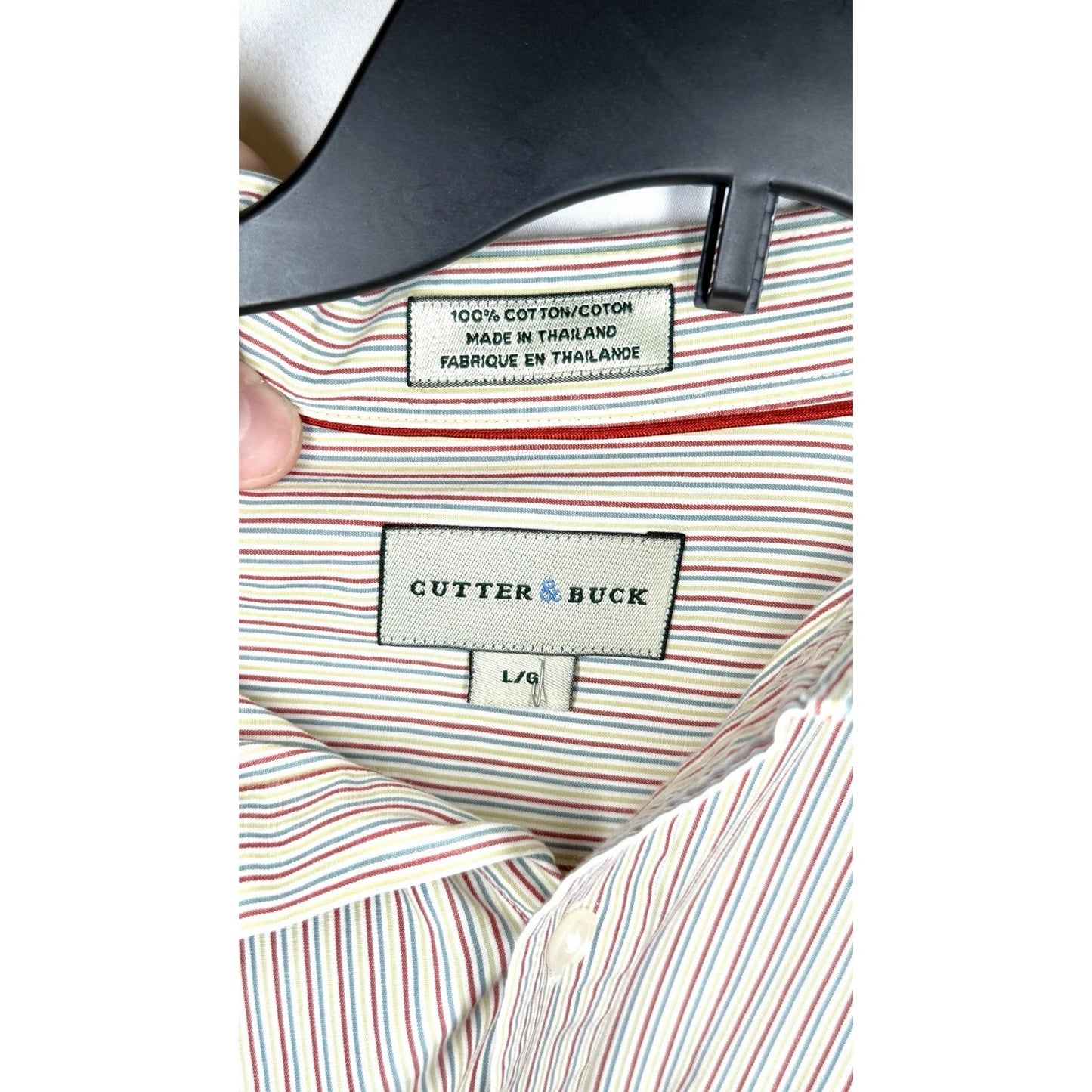 Cutter & Buck Shirt Mens Large Button Up Beige Striped Short Sleeve 100% Cotton