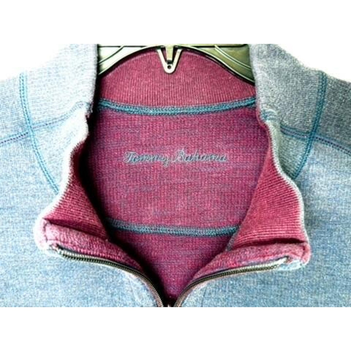 Tommy Bahama 1/2 Zip Pullover Sweater Mens Large Blue Heathered Knit Marlin Logo