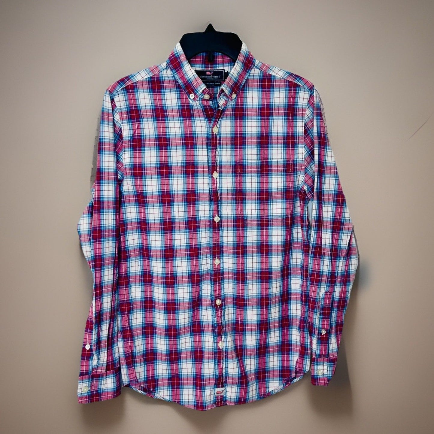 Vineyard Vines Slim Fit Tucker Shirt Men's X-Small plaid blue pink long sleeve