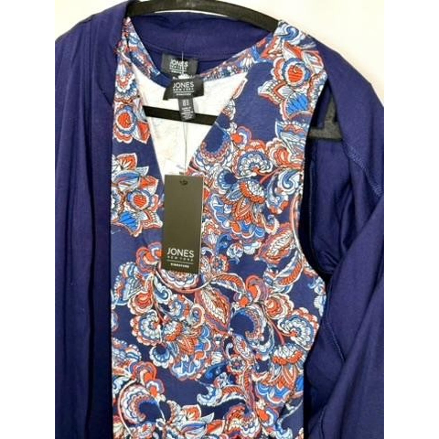 Jones New York Signature 2 Piece Knit Set Cardigan Paisley Tank Top Navy Blue