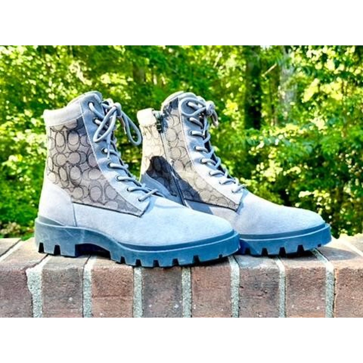 Coach Women Blue Suede Signature Canvas Combat Boots Lace Up Side Zip Lug Sole