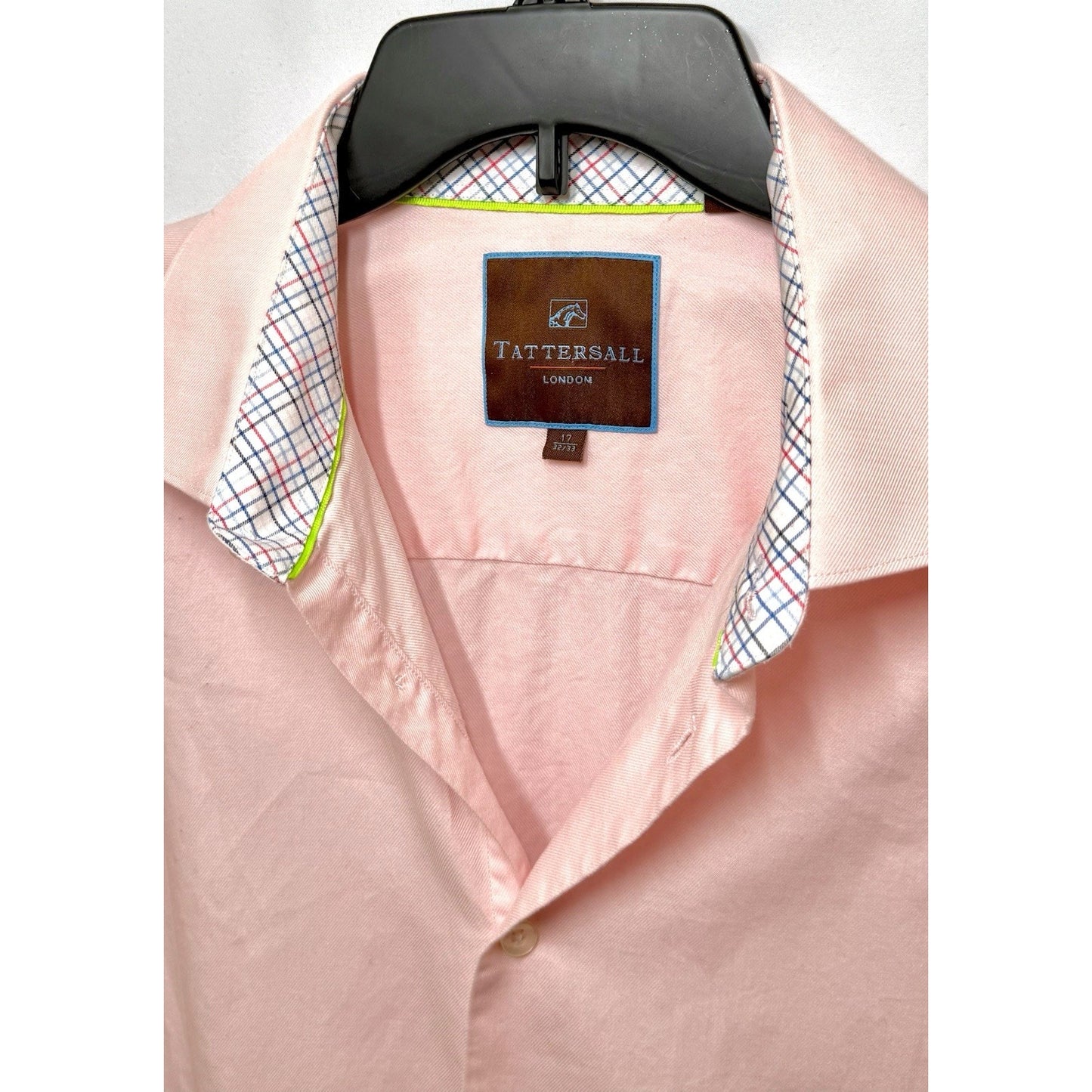 Tattersal London shirt men's large 17 32-33 pink white check long sleeve