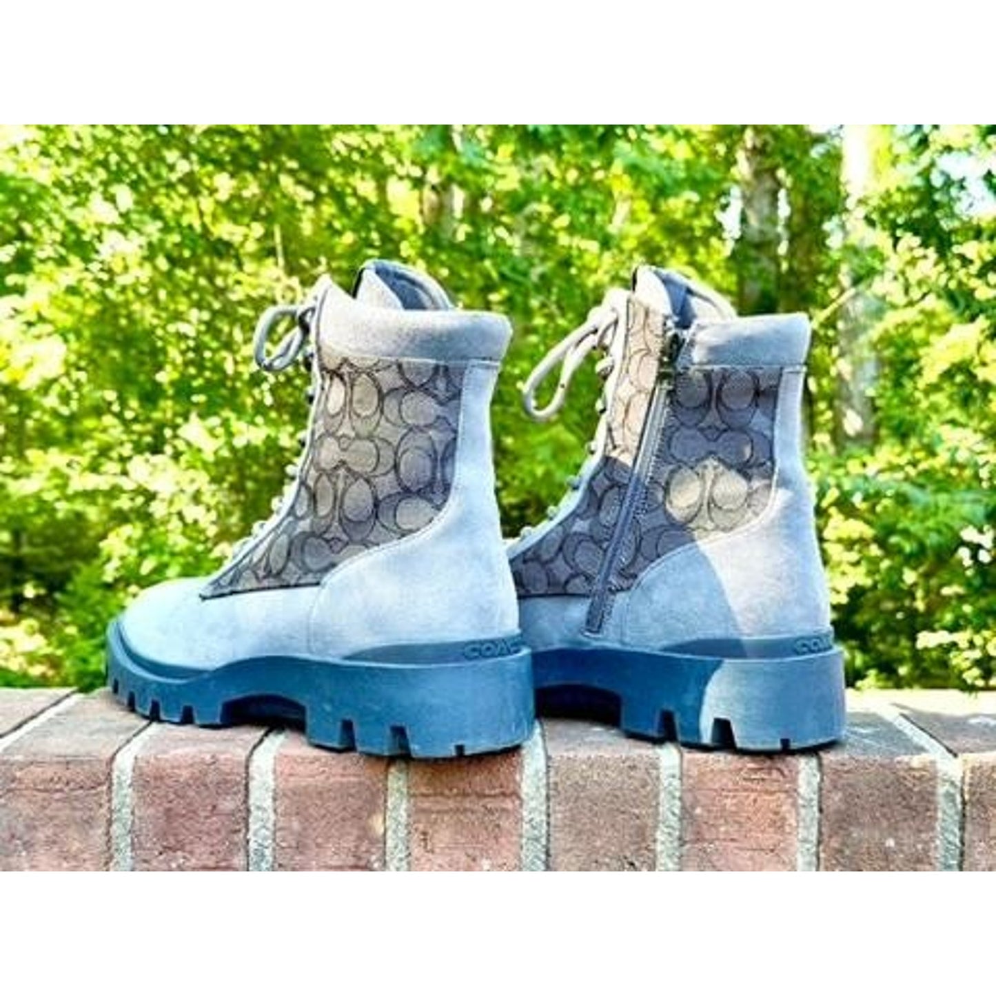 Coach Women Blue Suede Signature Canvas Combat Boots Lace Up Side Zip Lug Sole