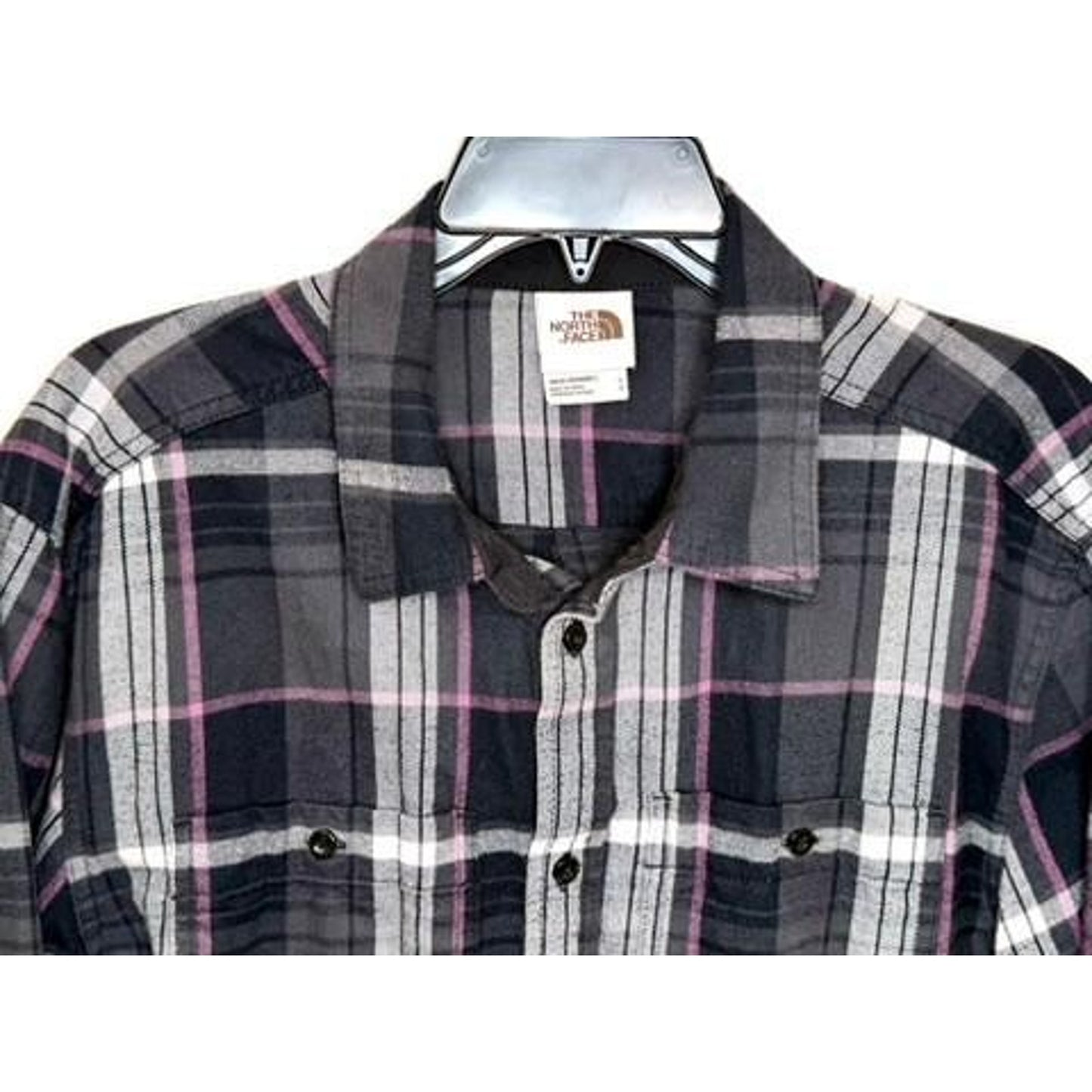 The North Face Flannel Shirt Mens Large Gray Pink Plaid Cotton Long Sleeve