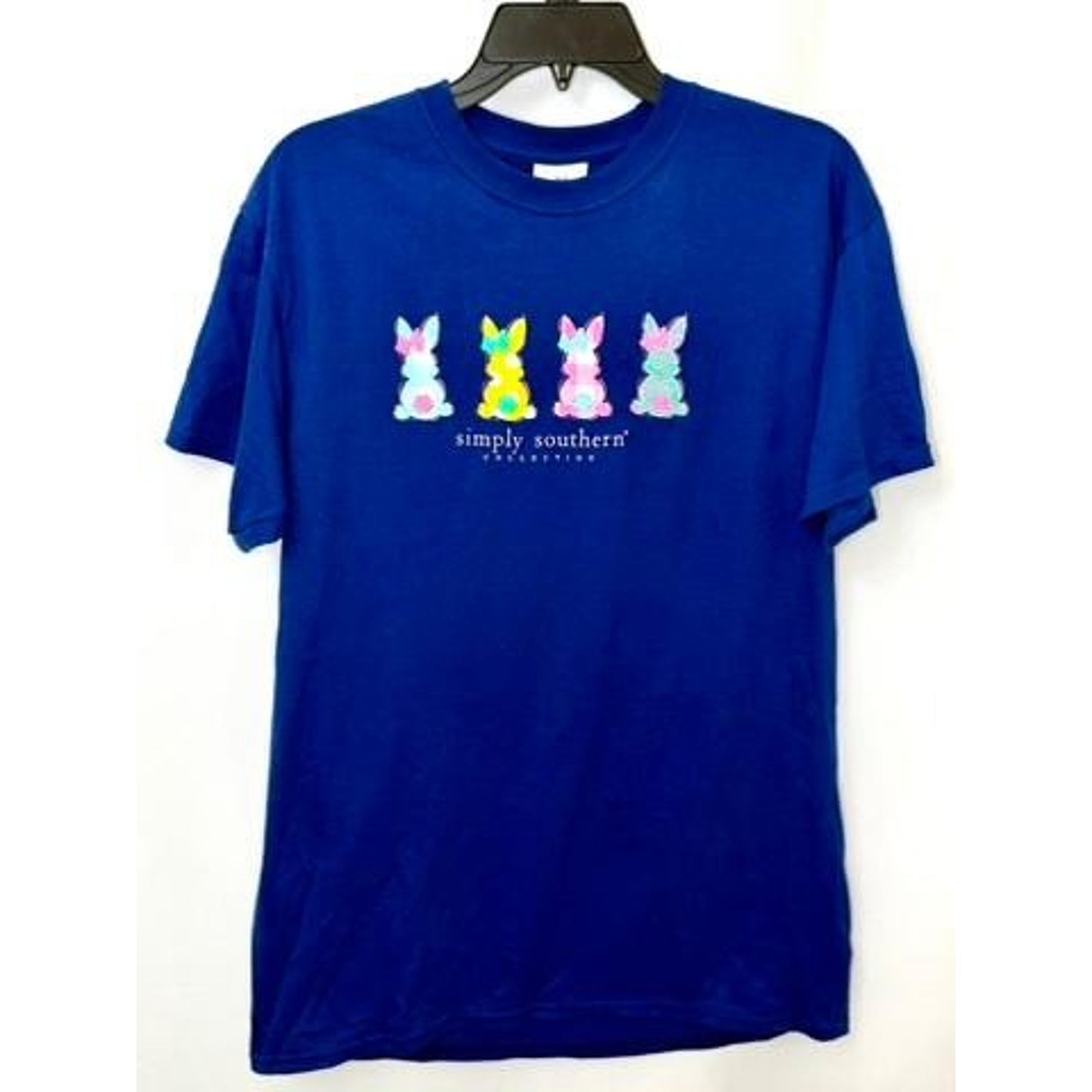 Simply Southern Easter Vibes T-Shirt Girls Medium Blue Golden Retriever Bunny