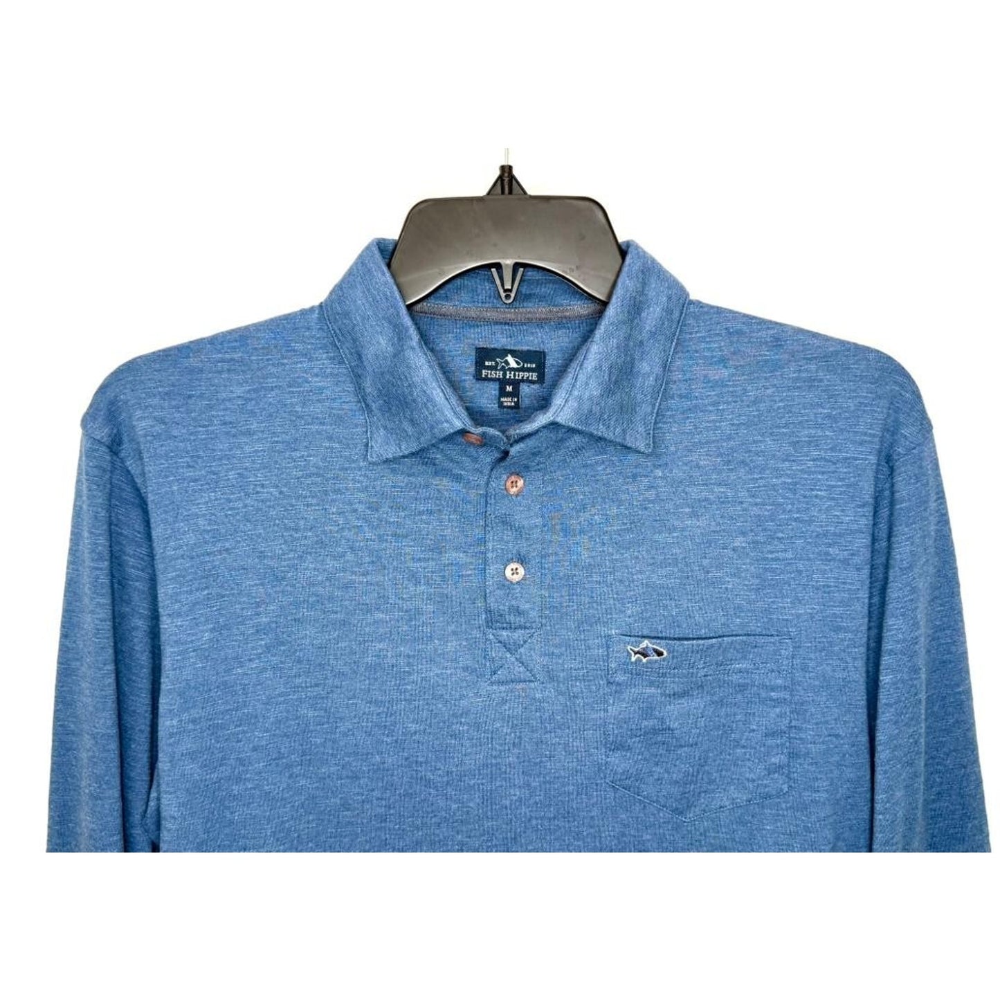 Fish Hippie Polo Shirt Mens Medium Blue Long Sleeve Cotton Blend Pocket
