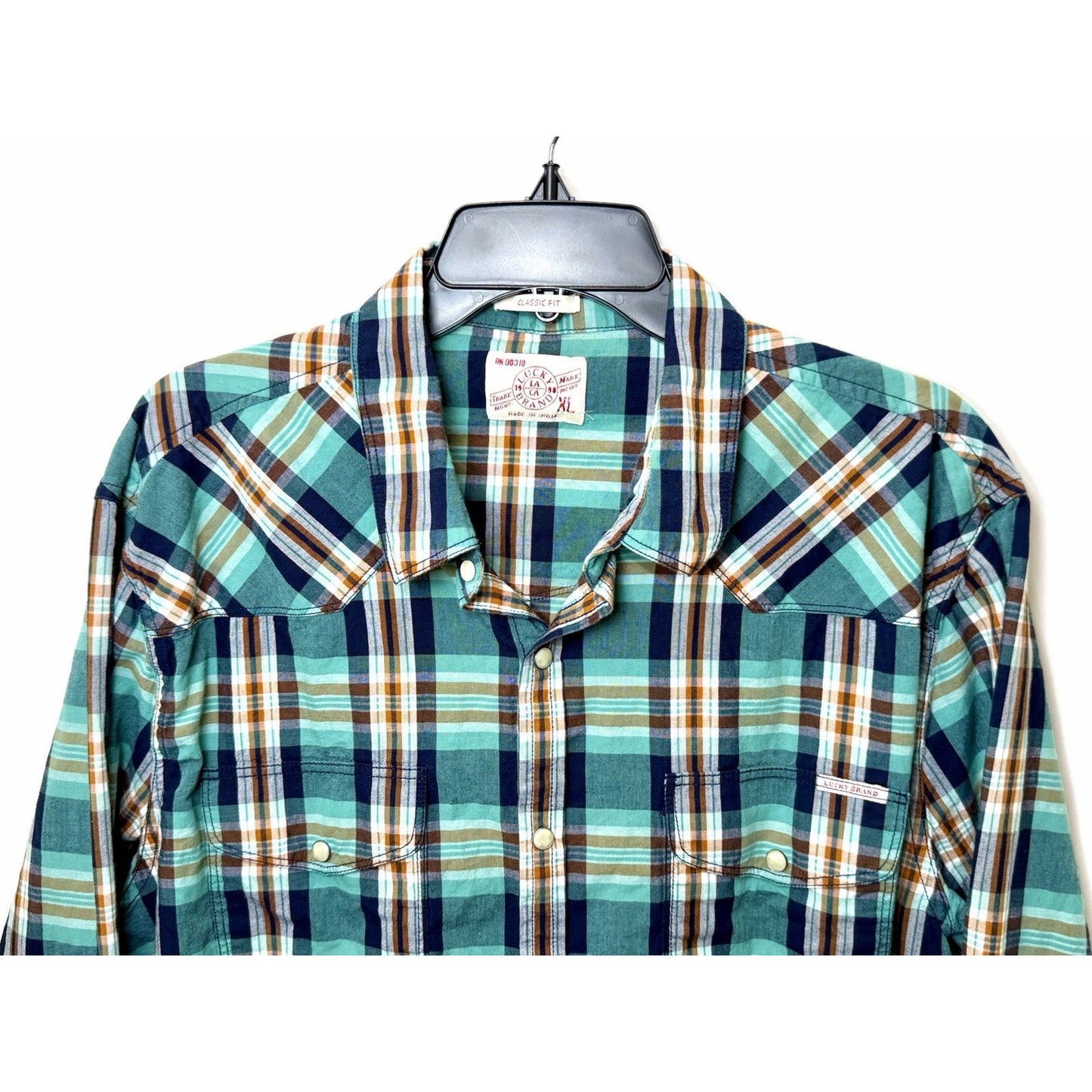 Lucky Brand Men’s XL Western Pearl Snap Shirt Plaid Green Teal Flannel EUC