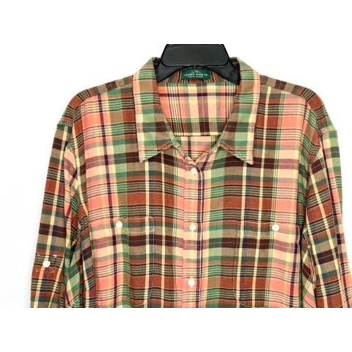 Lauren Ralph Lauren Plaid Flannel Shirt Womens 3X Orange Green Button Up LRL