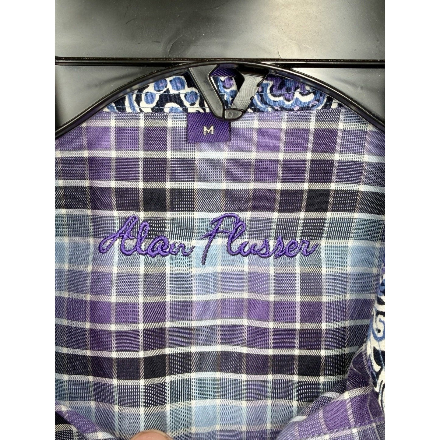 Alan Flusser Mens Medium M Purple Plaid Paisley Trim LS Button Front Sport Shirt