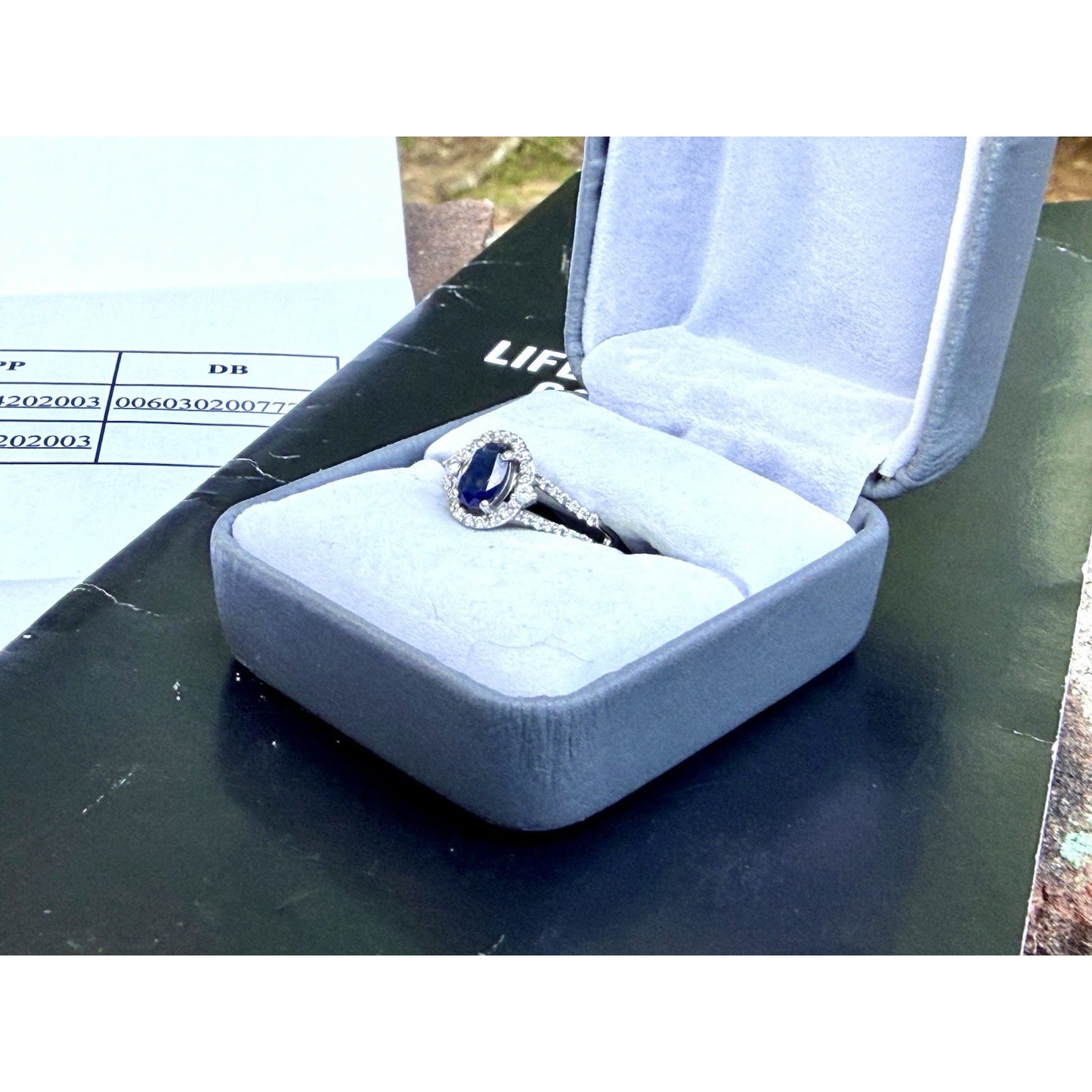 Zales Blue Sapphire Diamond Halo Engagement Ring 10K White Gold 1/3 CTW