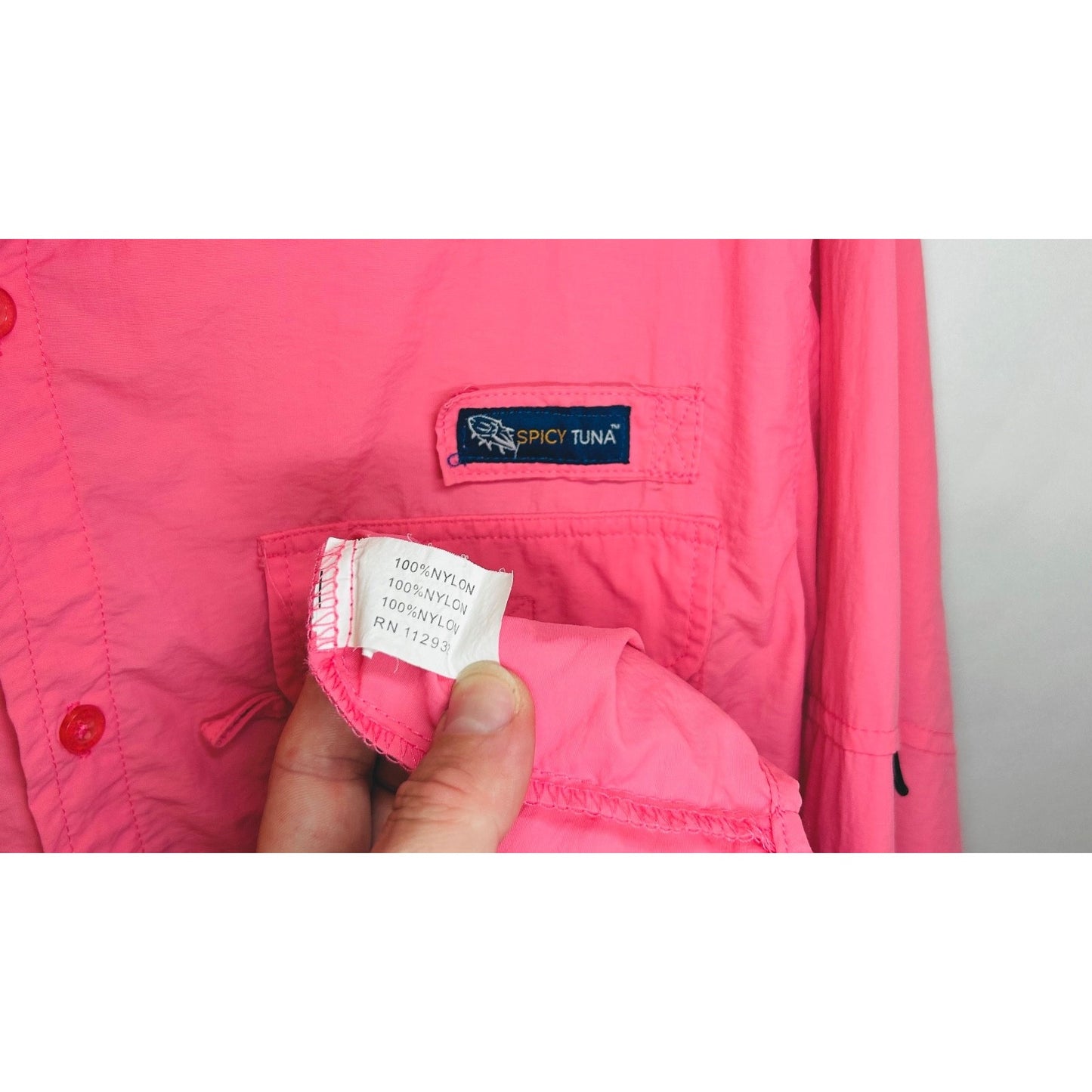 Spicy Tuna Hot Pink Fishing Shirt Mens Medium Nylon Outdoors Summer Short Sleeve
