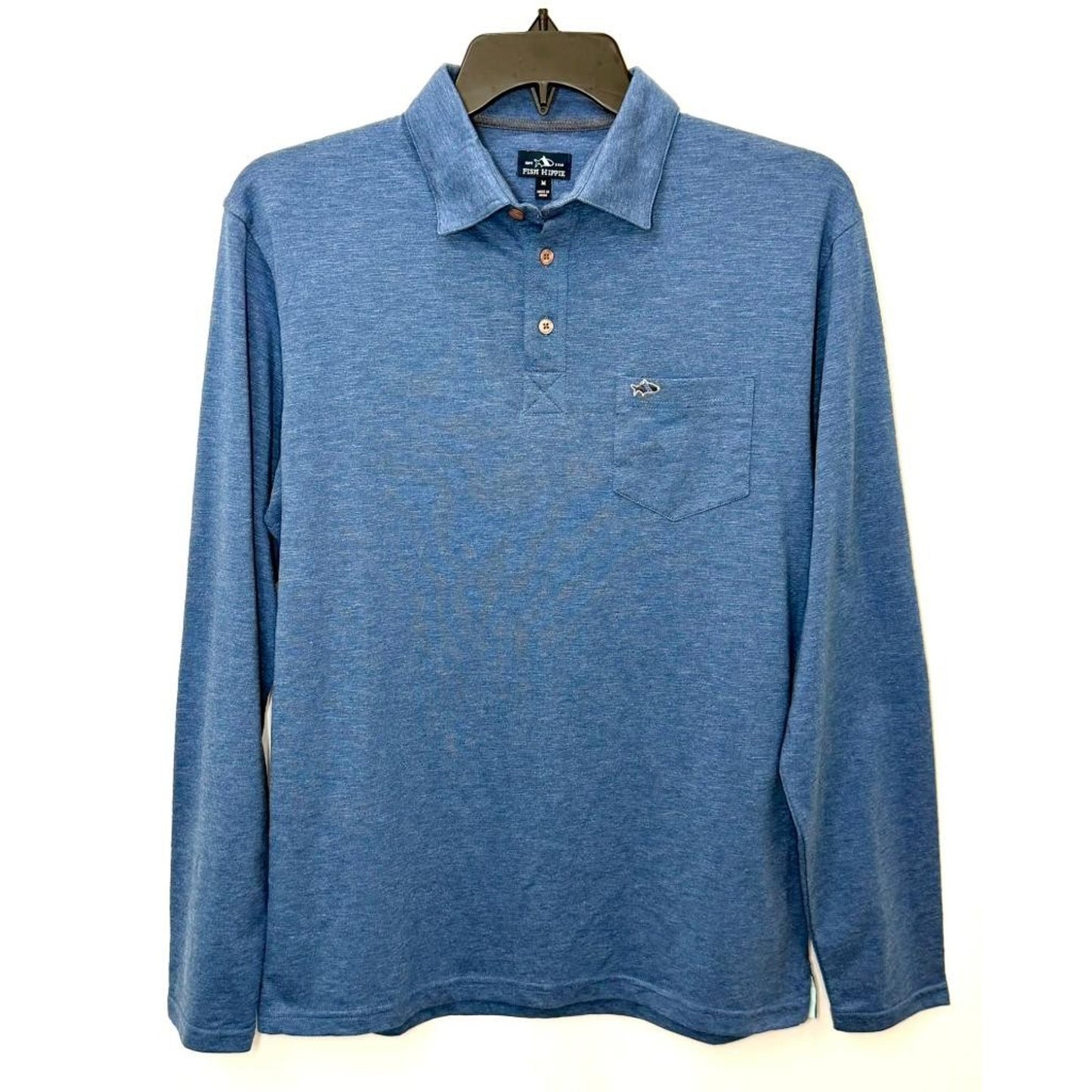 Fish Hippie Polo Shirt Mens Medium Blue Long Sleeve Cotton Blend Pocket