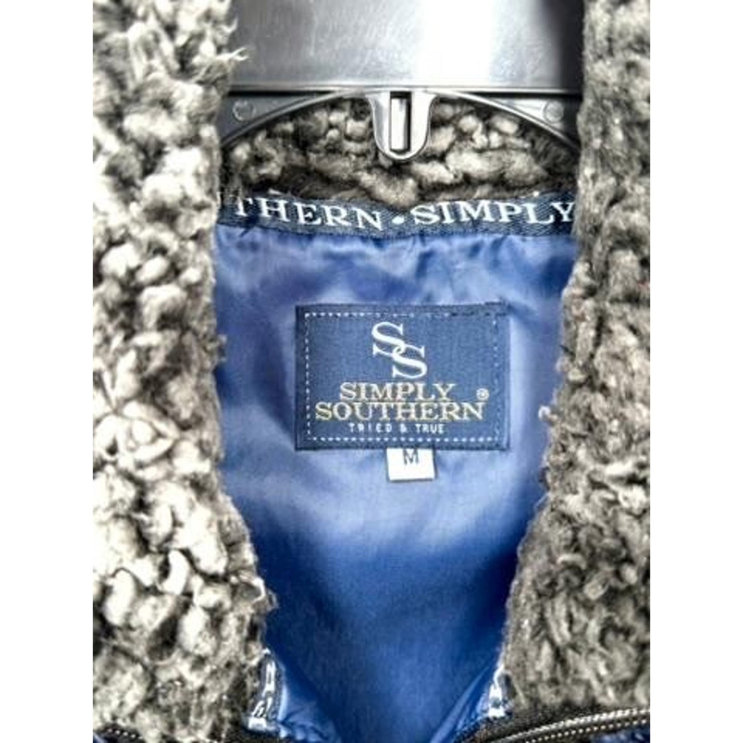 Simply Southern Sherpa Fleece Vest Womens Medium Blue Full Zip Faux Fur Collar