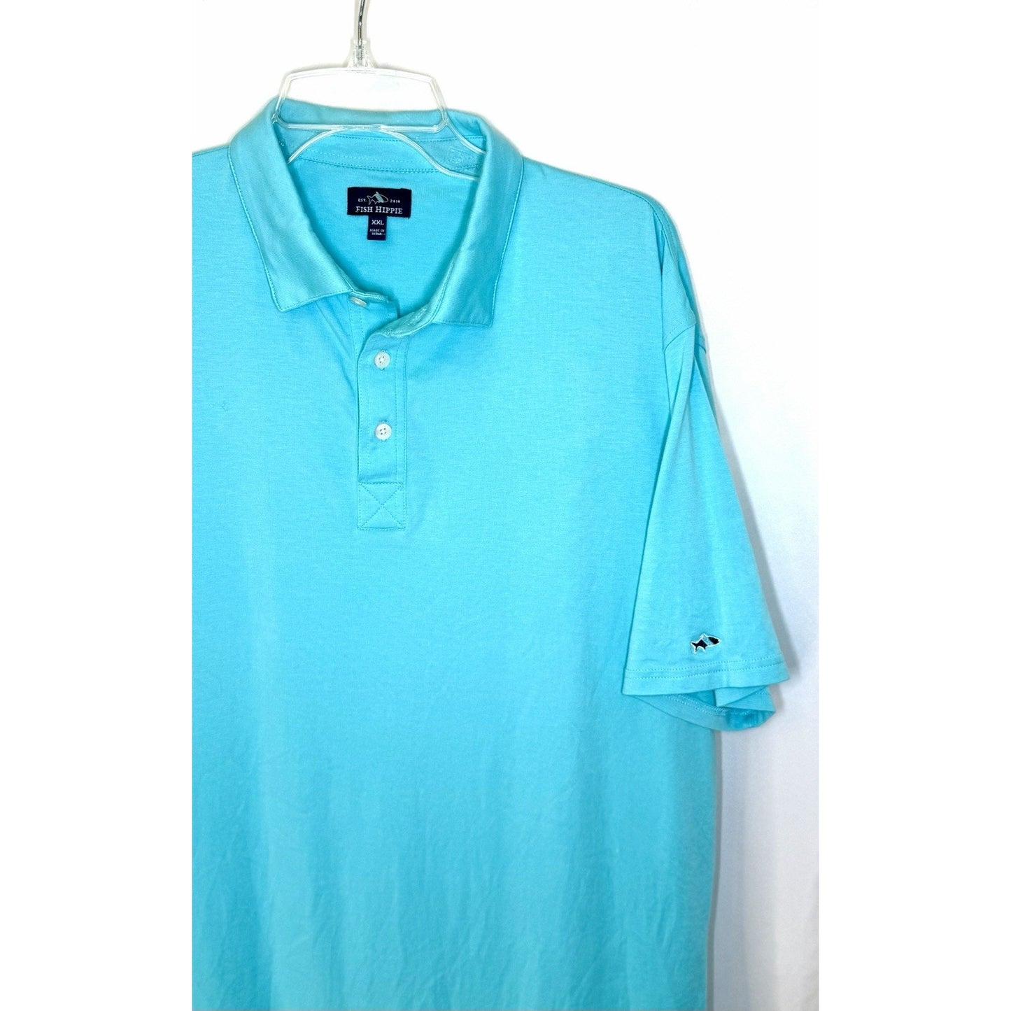 Fish Hippie Shirt Mens Size XXL Aqua Blue Polo Short Sleeve Logo Beach Resort