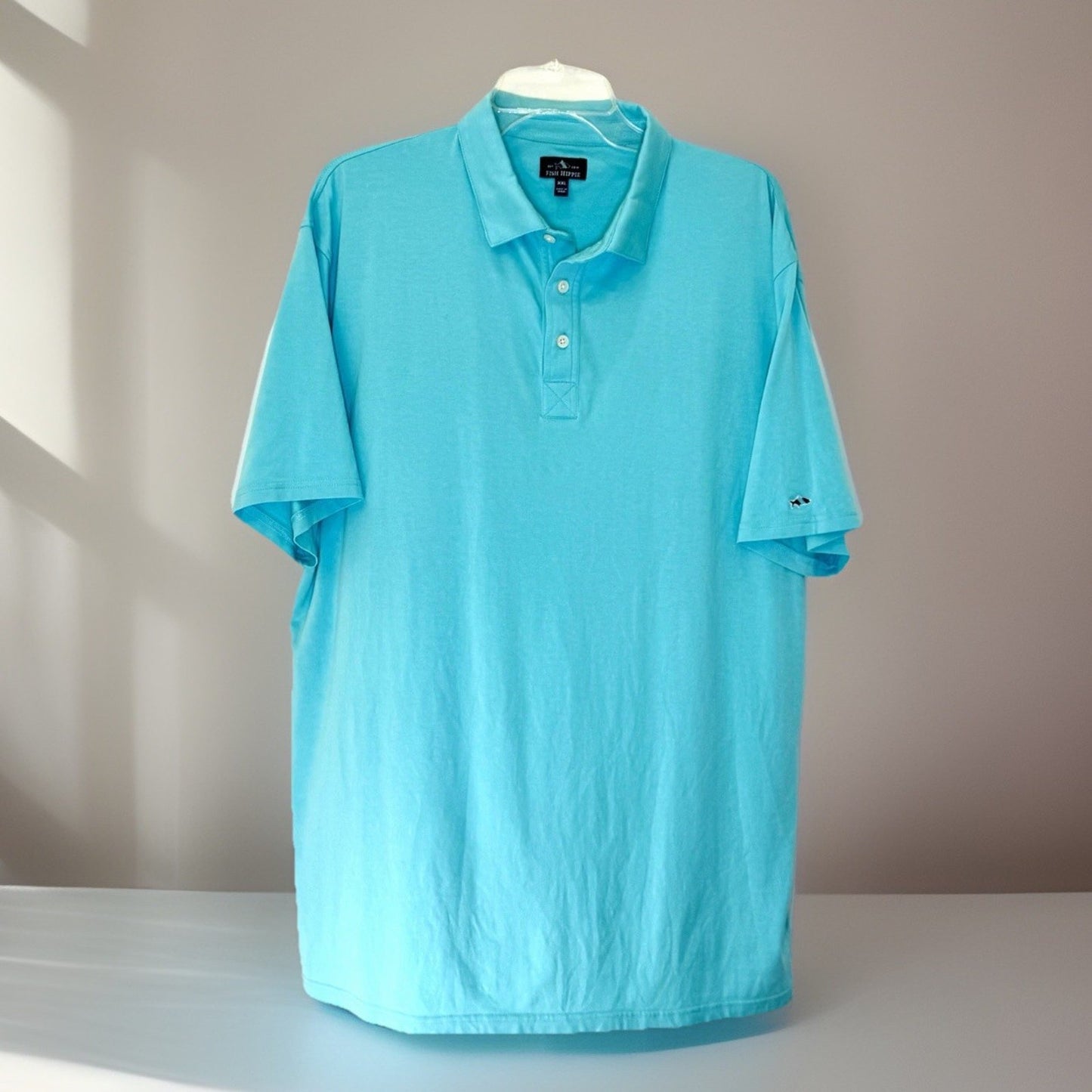 Fish Hippie Shirt Mens Size XXL Aqua Blue Polo Short Sleeve Logo Beach Resort