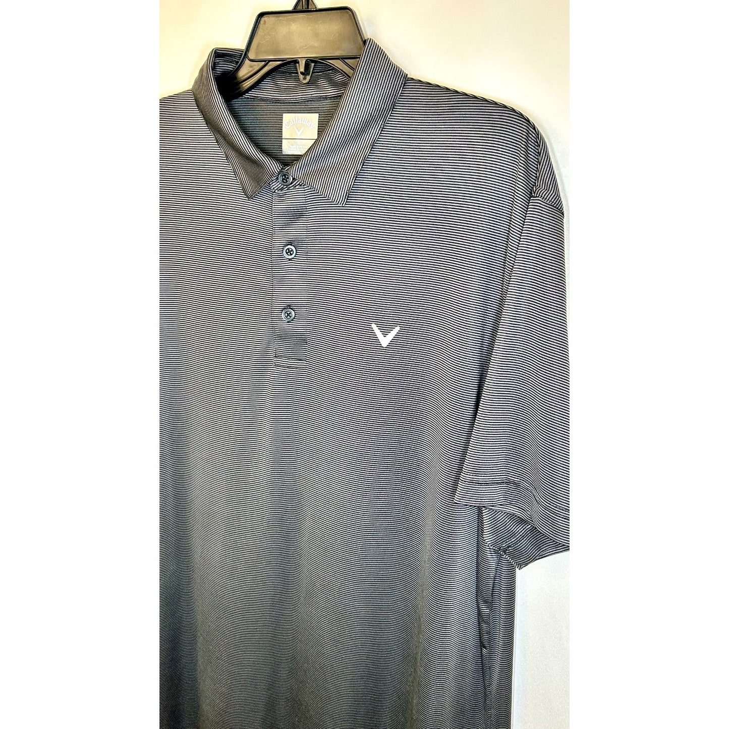 Callaway Polo Shirt Men Large Performance Polyester Stretch Black Silver Striped