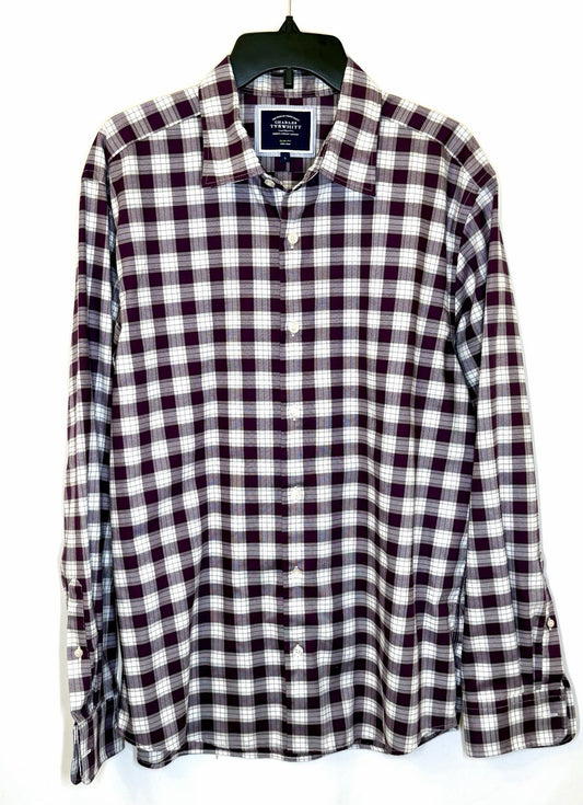 Charles Tyrwhitt Button Up Shirt Mens Large Slim Fit Burgundy Gray White Plaid