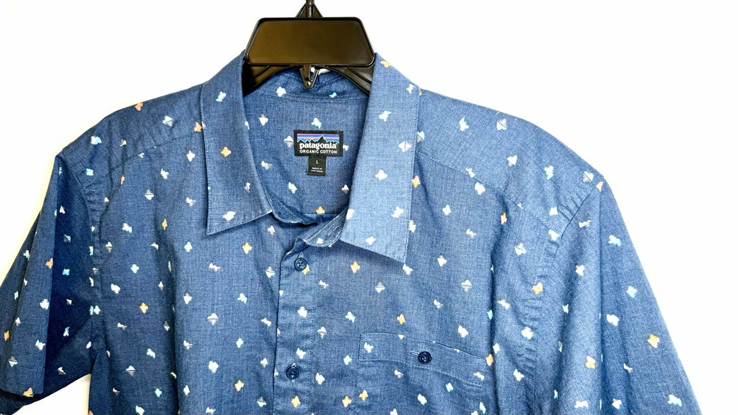 Patagonia Organic Cotton Button Up Mens Large Blue Short Sleeve Hardware Print