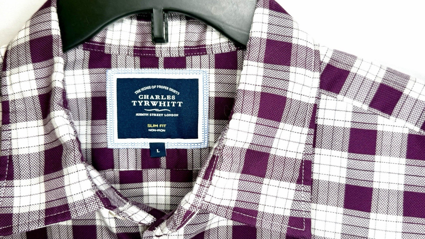 Charles Tyrwhitt Button Up Shirt Mens Large Slim Fit Burgundy Gray White Plaid