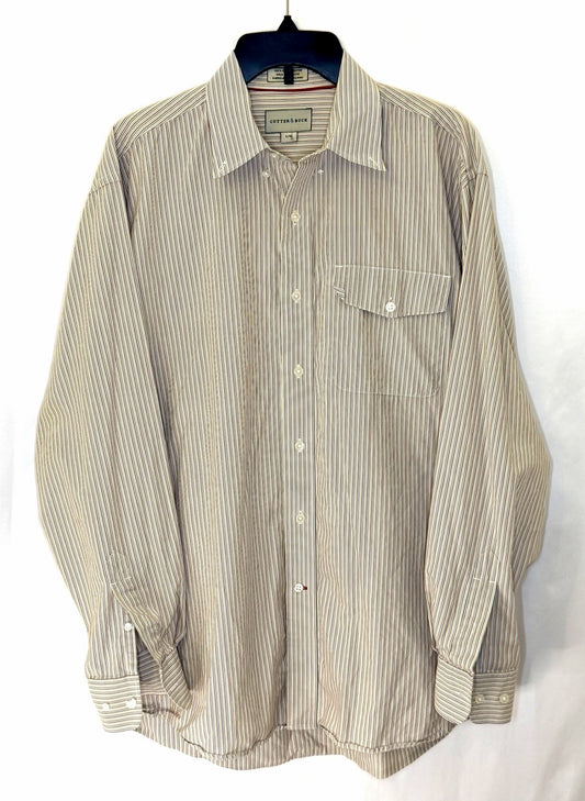 Cutter & Buck Shirt Mens Large Button Up Beige Striped Short Sleeve 100% Cotton