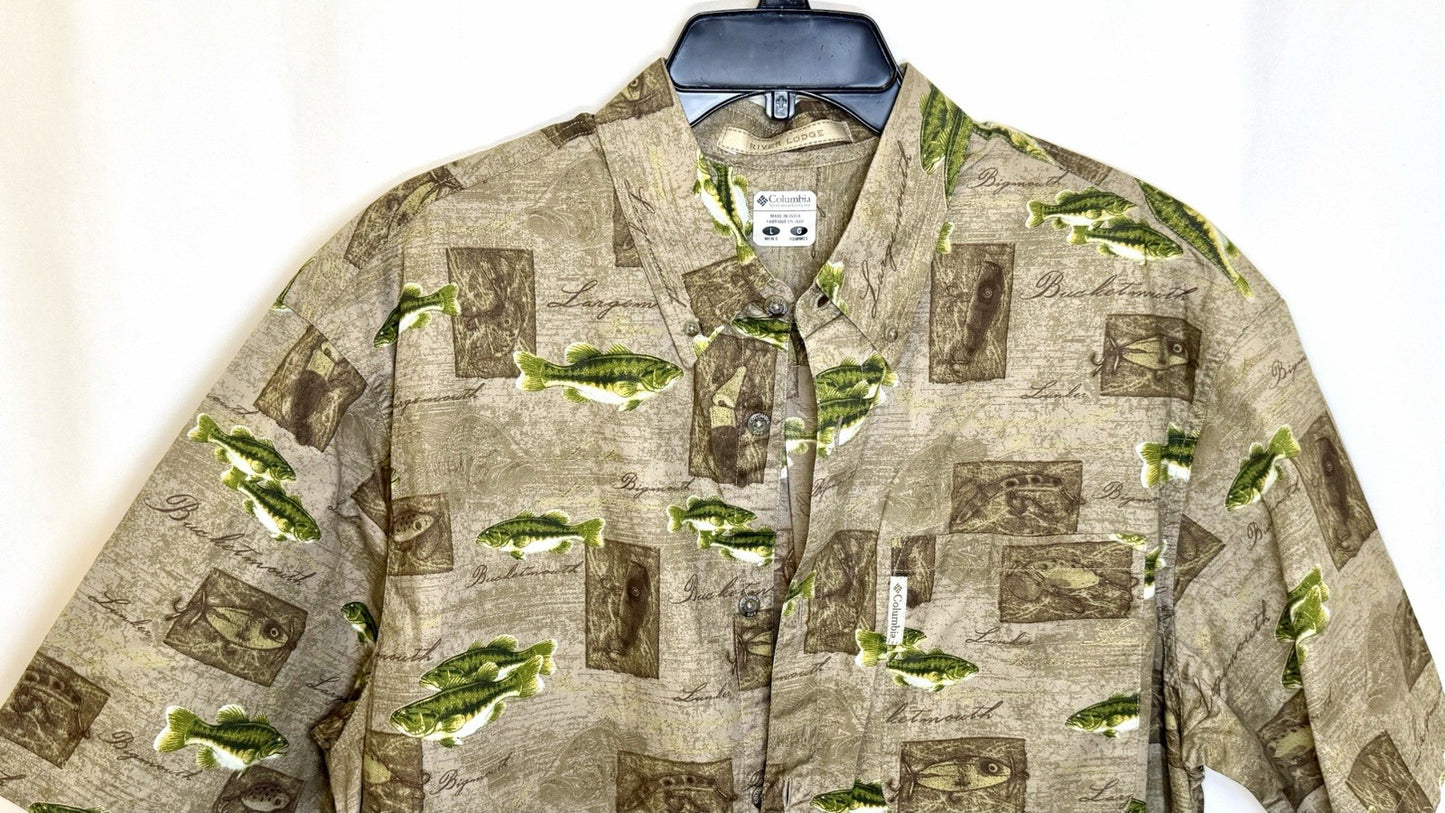 Columbia River Lodge Trout Fish Fishing Green Shirt Mens Large EUC