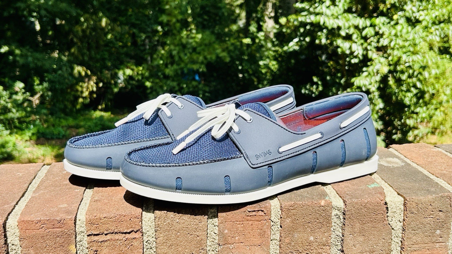 NWOT SWIMS Men's Size 12 Boat Loafers Laced Waterproof Washable Shoes Blue/White