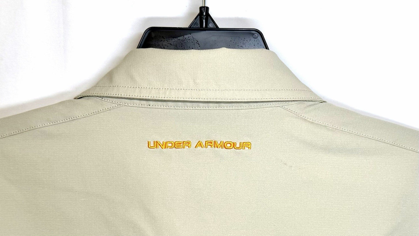 Under Armour Shirt Mens Large Tan HeatGear Short Sleeve Button Down Outdoors
