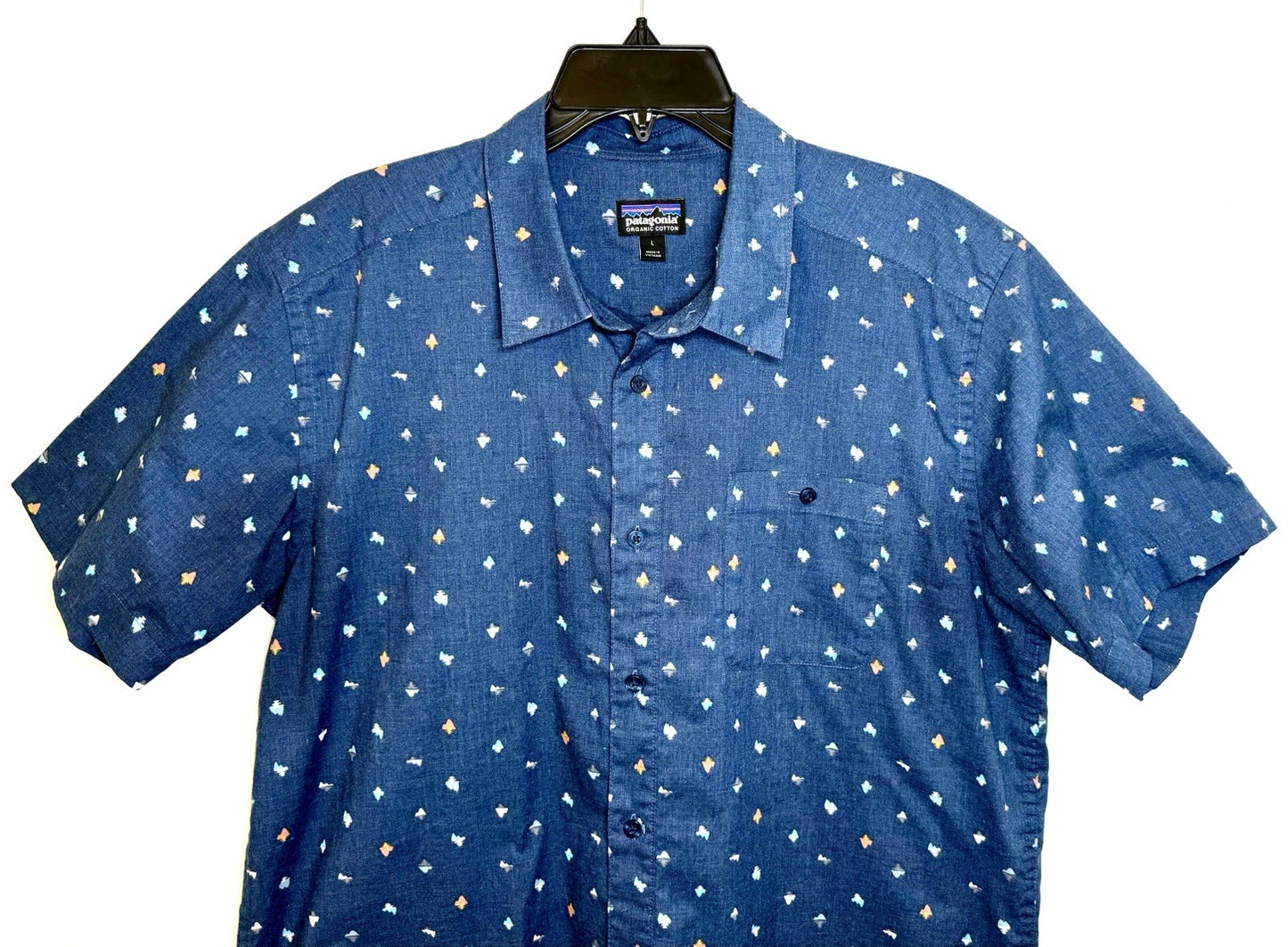 Patagonia Organic Cotton Button Up Mens Large Blue Short Sleeve Hardware Print