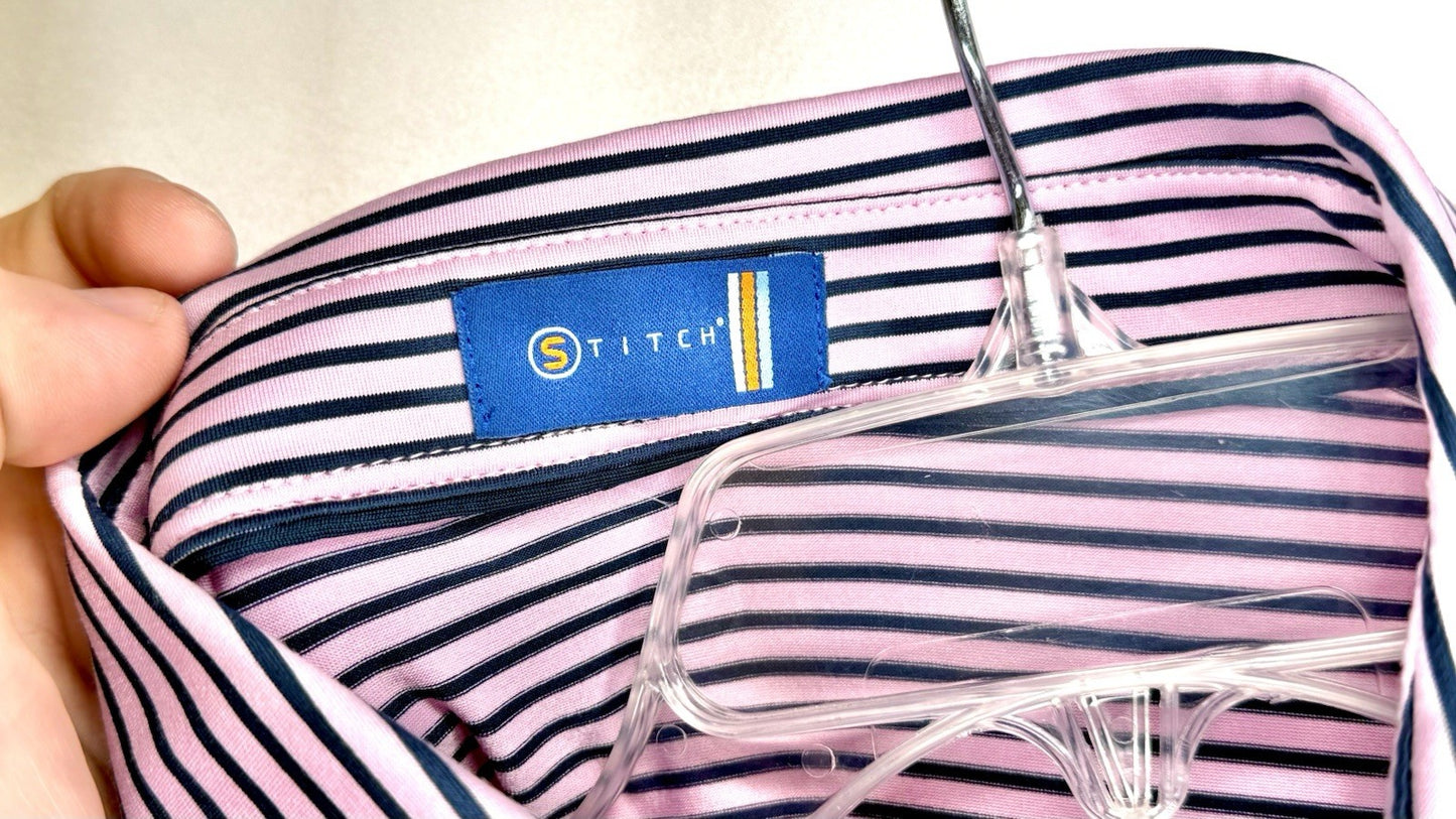 Stitch Golf Polo Shirt Men’s Large Pink Blue Stripe Poly Spandex Peru