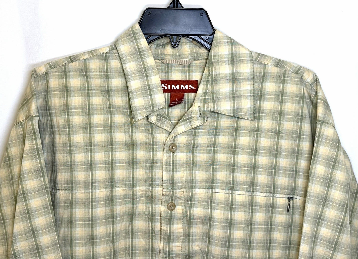 Simms Mens Shirt Size Large Fishing Outdoor  Button Front Plaid Green Cotton