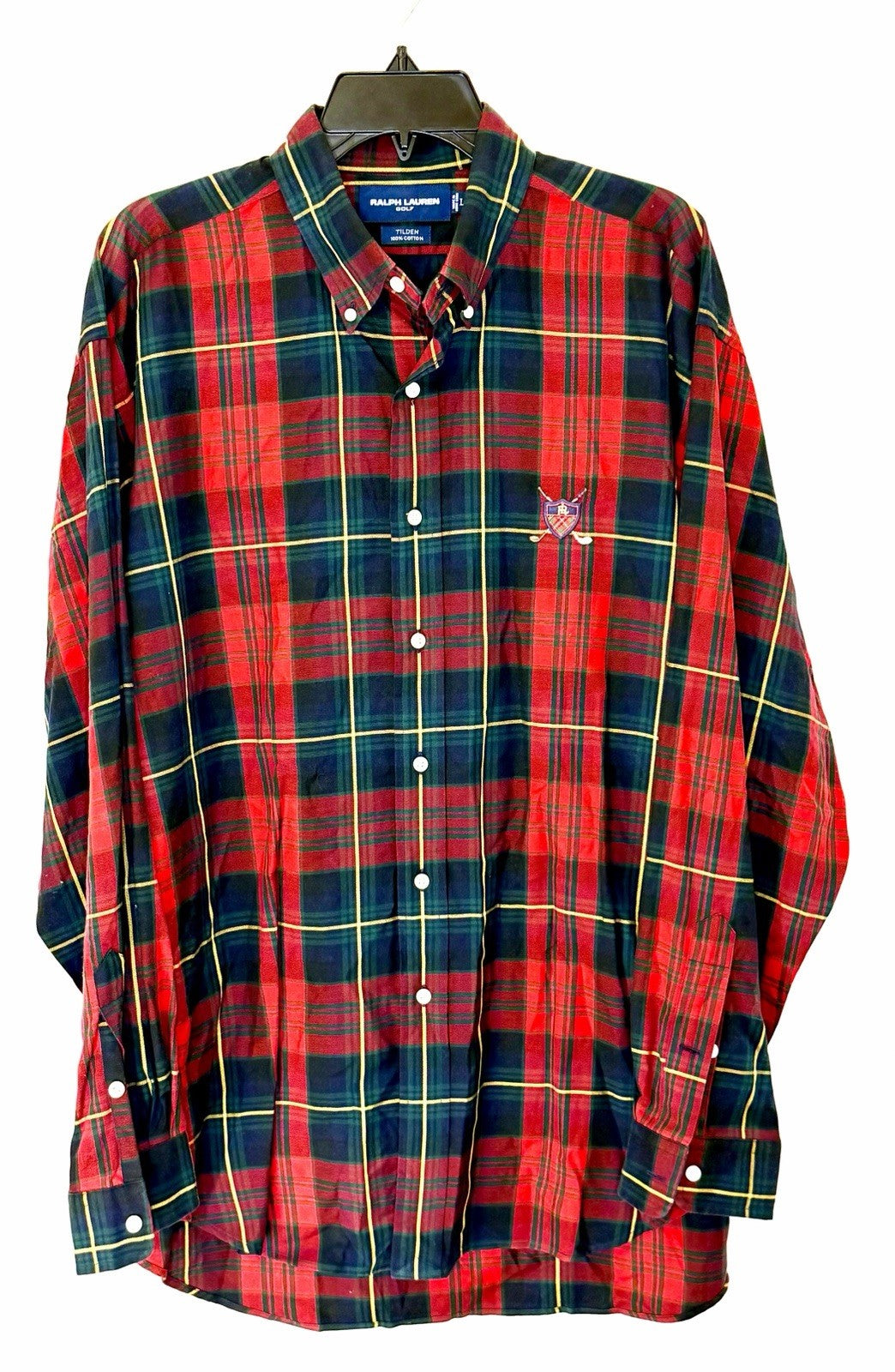 Ralph Lauren Golf Tilden Button Down Large Red Tartan Plaid Crest Vintage 90’s