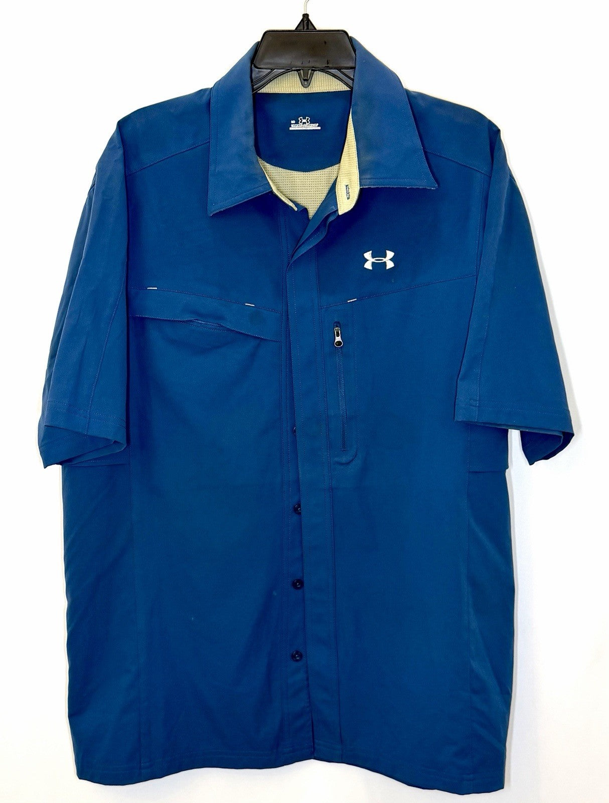 Under Armour Shirt Mens Large Blue HeatGear Short Sleeve Button Down Outdoors