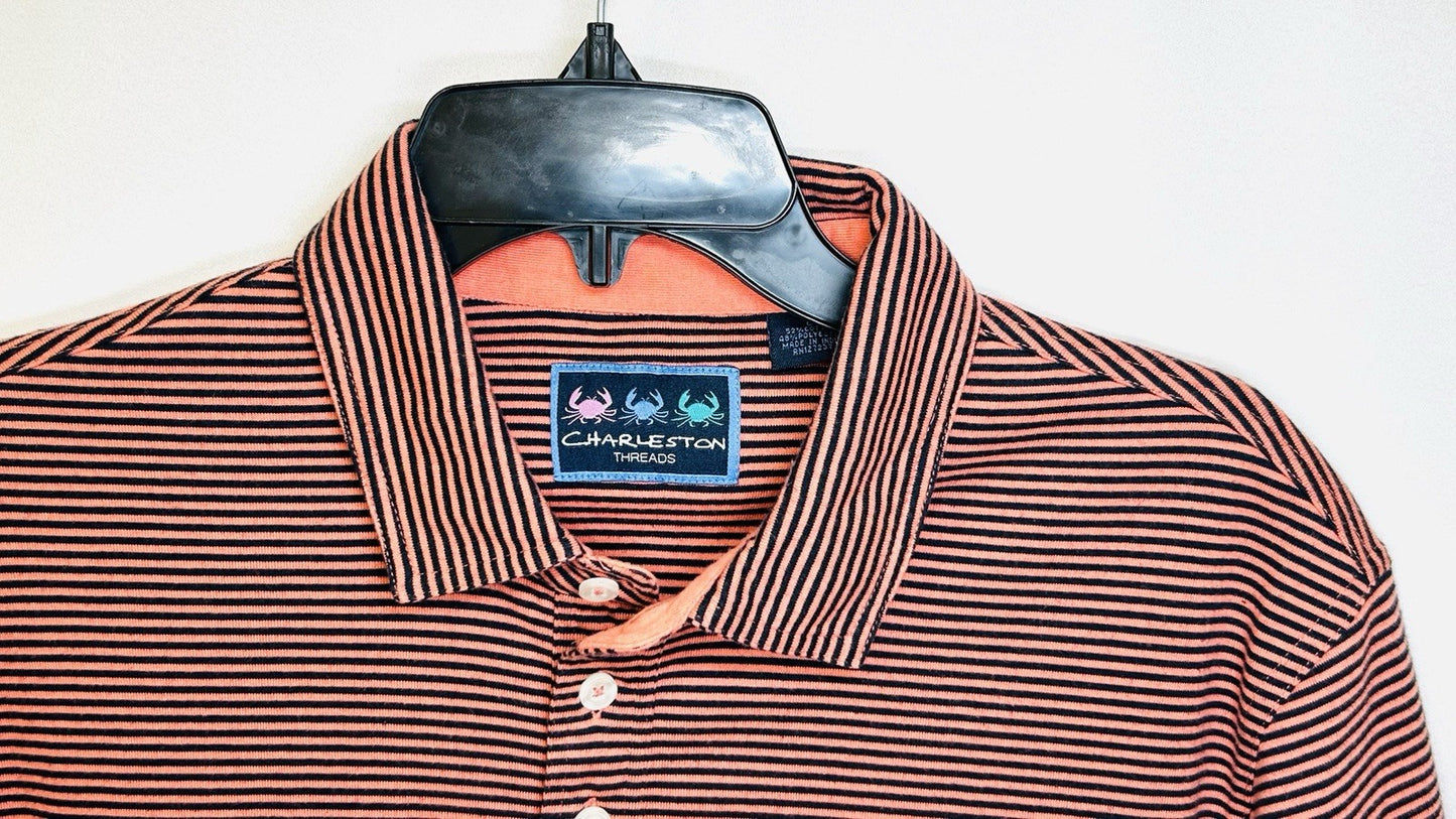 Charleston Threads Golf Polo Shirt-Men's Large- Navy & Orange Striped Activewear