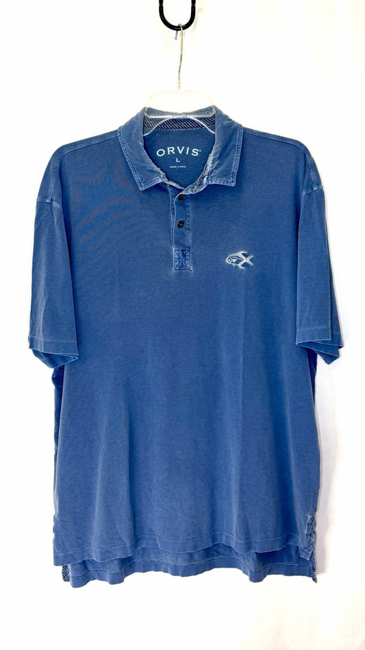 Orvis Vintage Mens Large Polo Shirt Blue Short Sleeve 100% heavy cotton