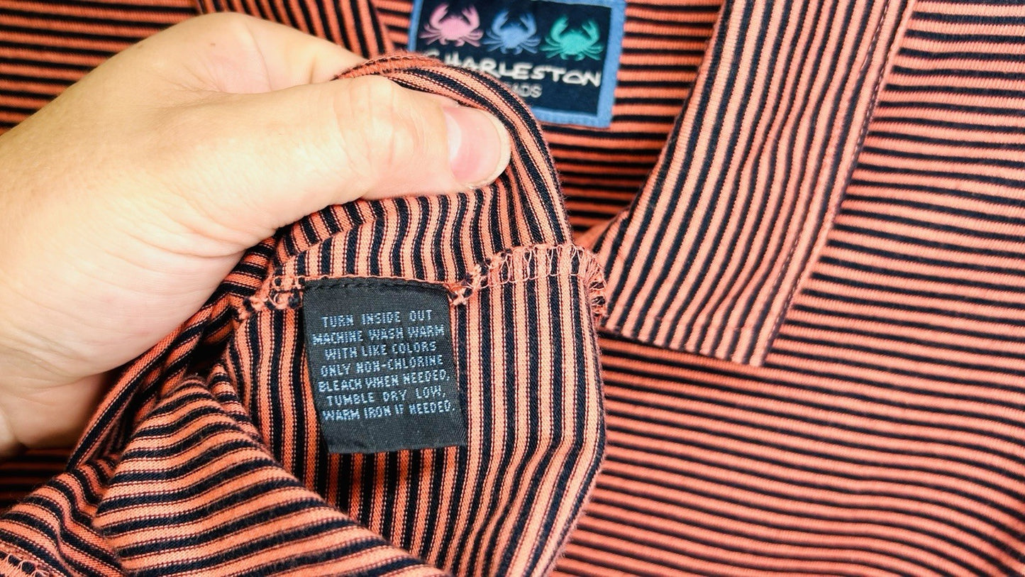 Charleston Threads Golf Polo Shirt-Men's Large- Navy & Orange Striped Activewear