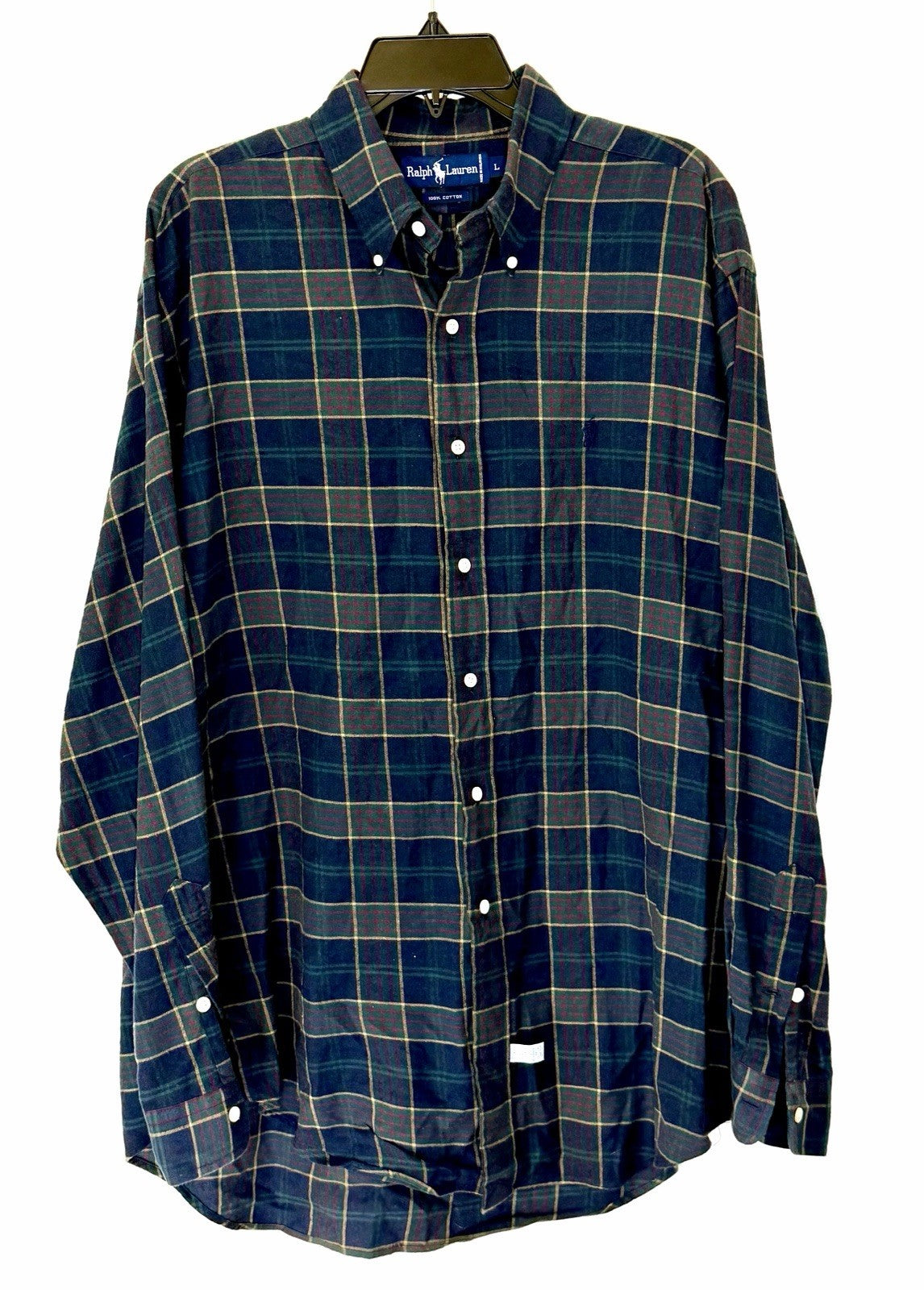 Polo Ralph Lauren Long Sleeve Shirt Large Green Plaid Classic Fit Twill Pony