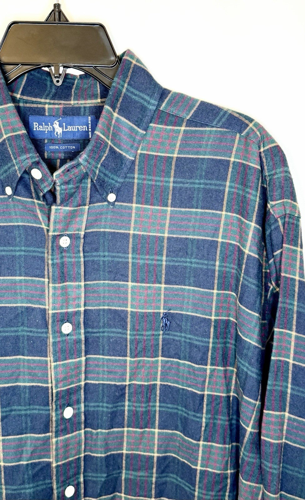 Polo Ralph Lauren Long Sleeve Shirt Large Green Plaid Classic Fit Twill Pony