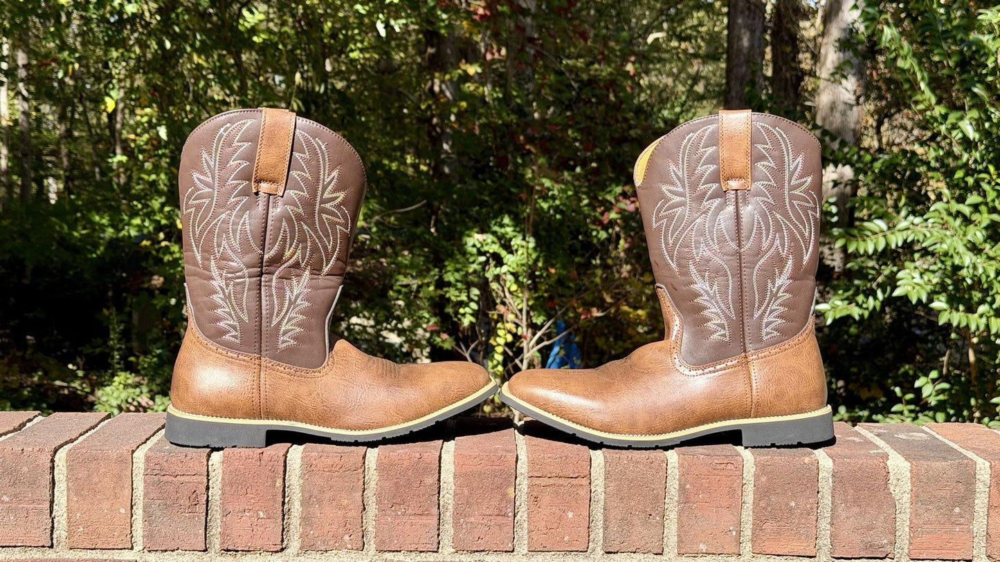 Mens Retro Western Cowboy Boots Embroidered Square Toe Mid Calf Boots Sz 45 / 11
